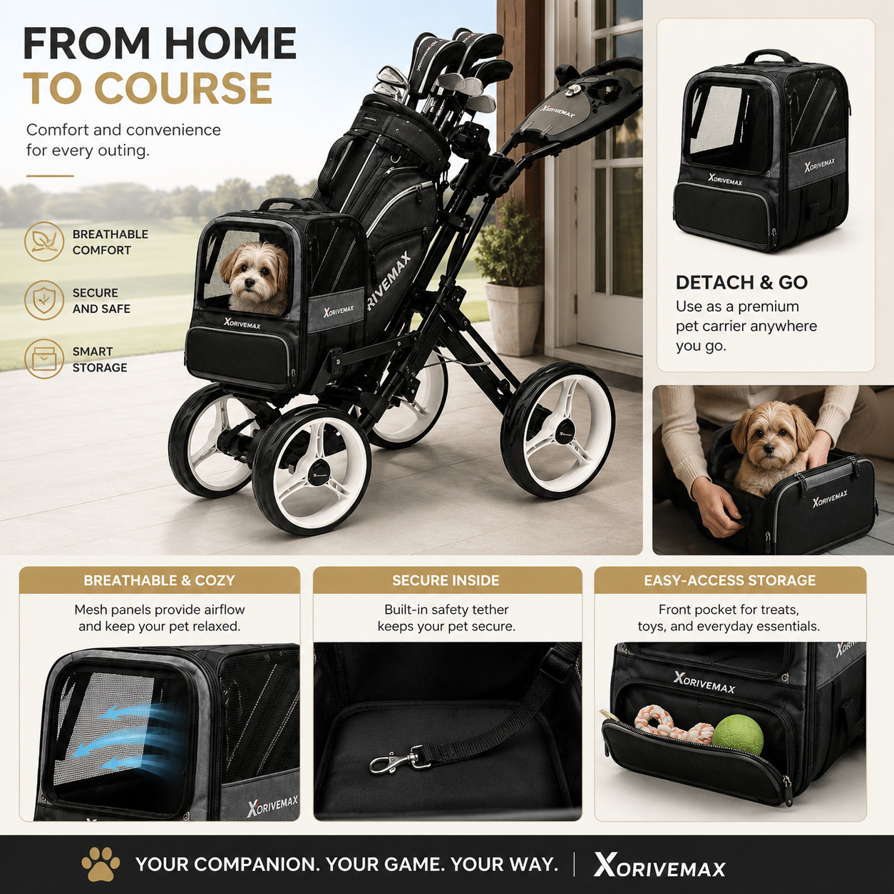 4-Wheel Golf Push Cart with Detachable Pet Carrier