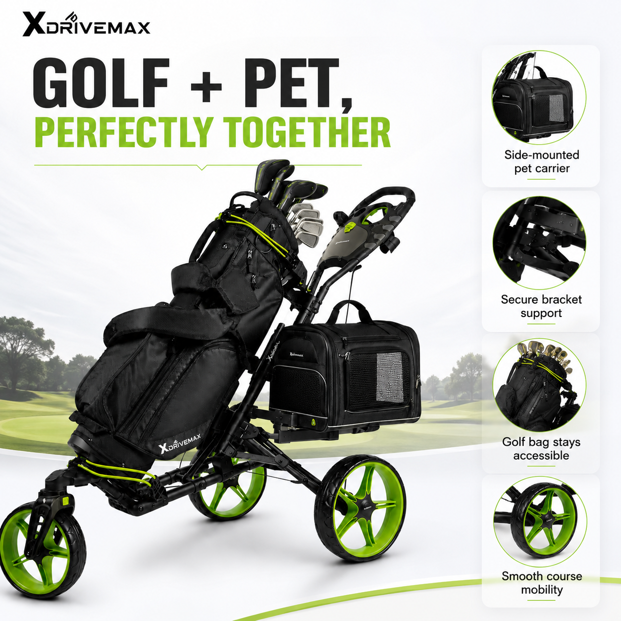 3-Wheel Golf Push Cart with Detachable Pet Carrier