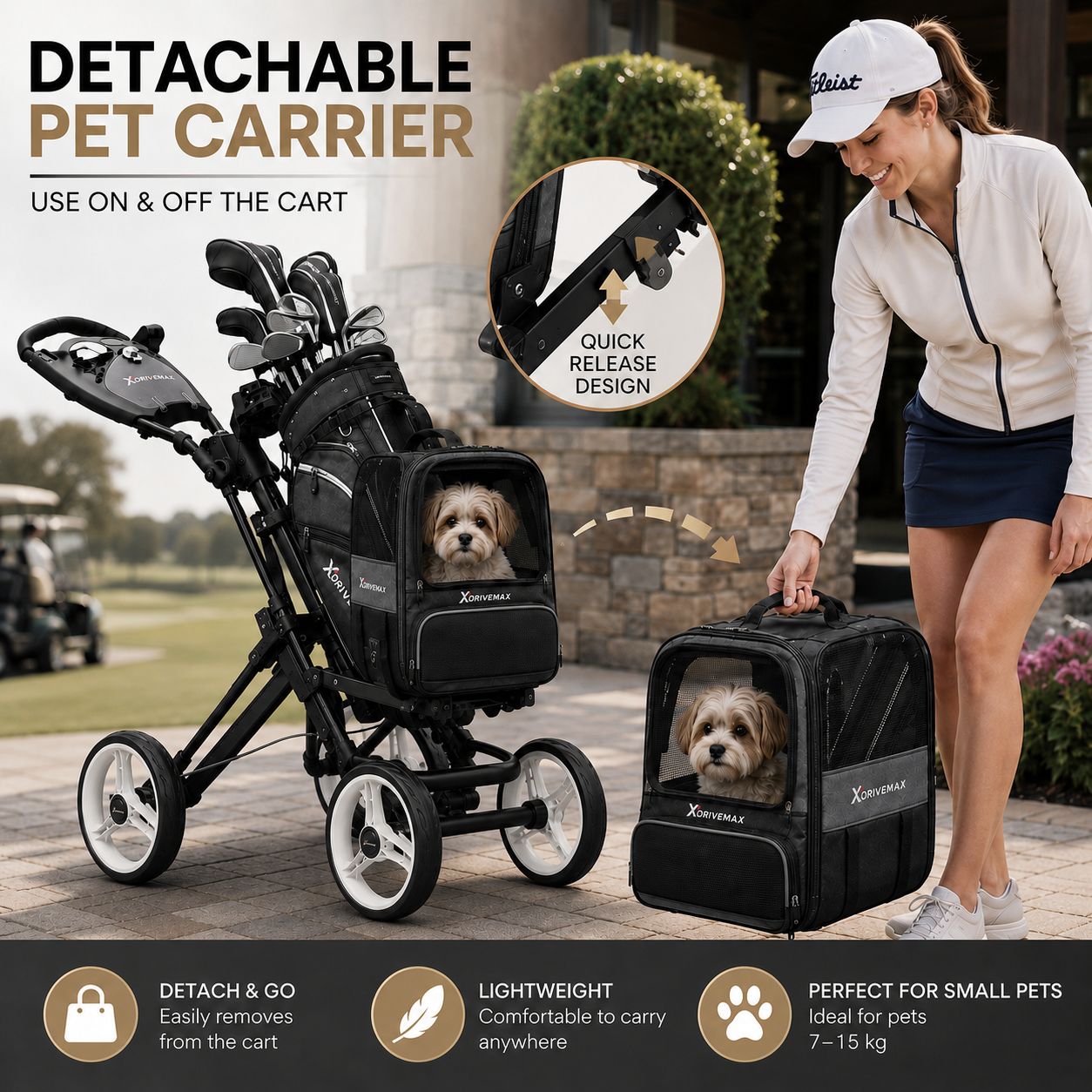 4-Wheel Golf Push Cart with Detachable Pet Carrier