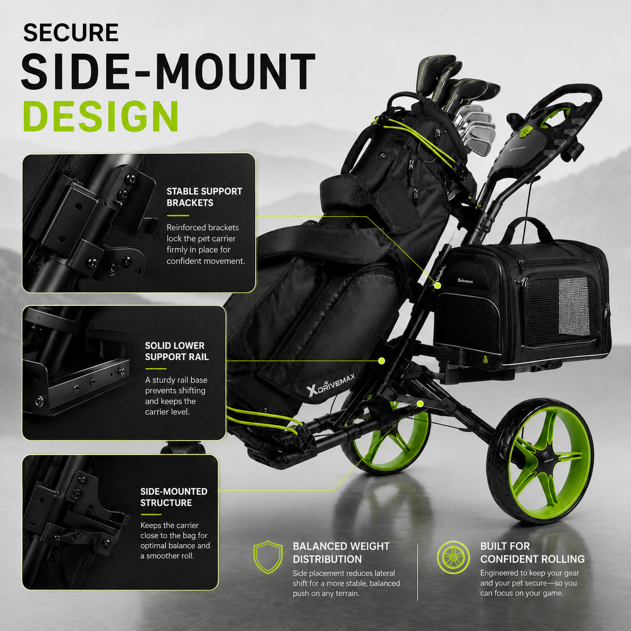3-Wheel Golf Push Cart with Detachable Pet Carrier