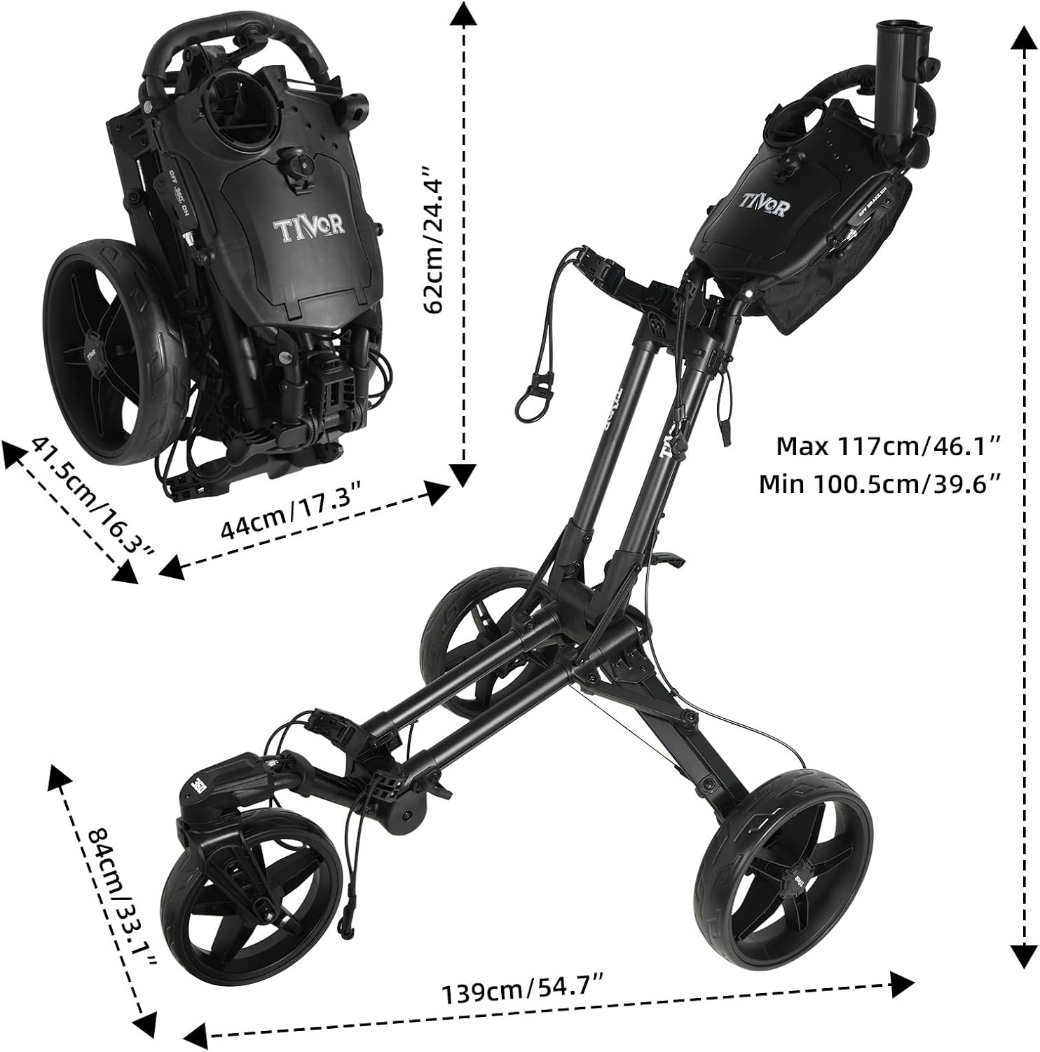 Tivor Golf Push Cart with 360° Front Wheels & Handbrake, 3 Wheel Pull Cart Offers One-Click Folding and All-Terrain Mobility