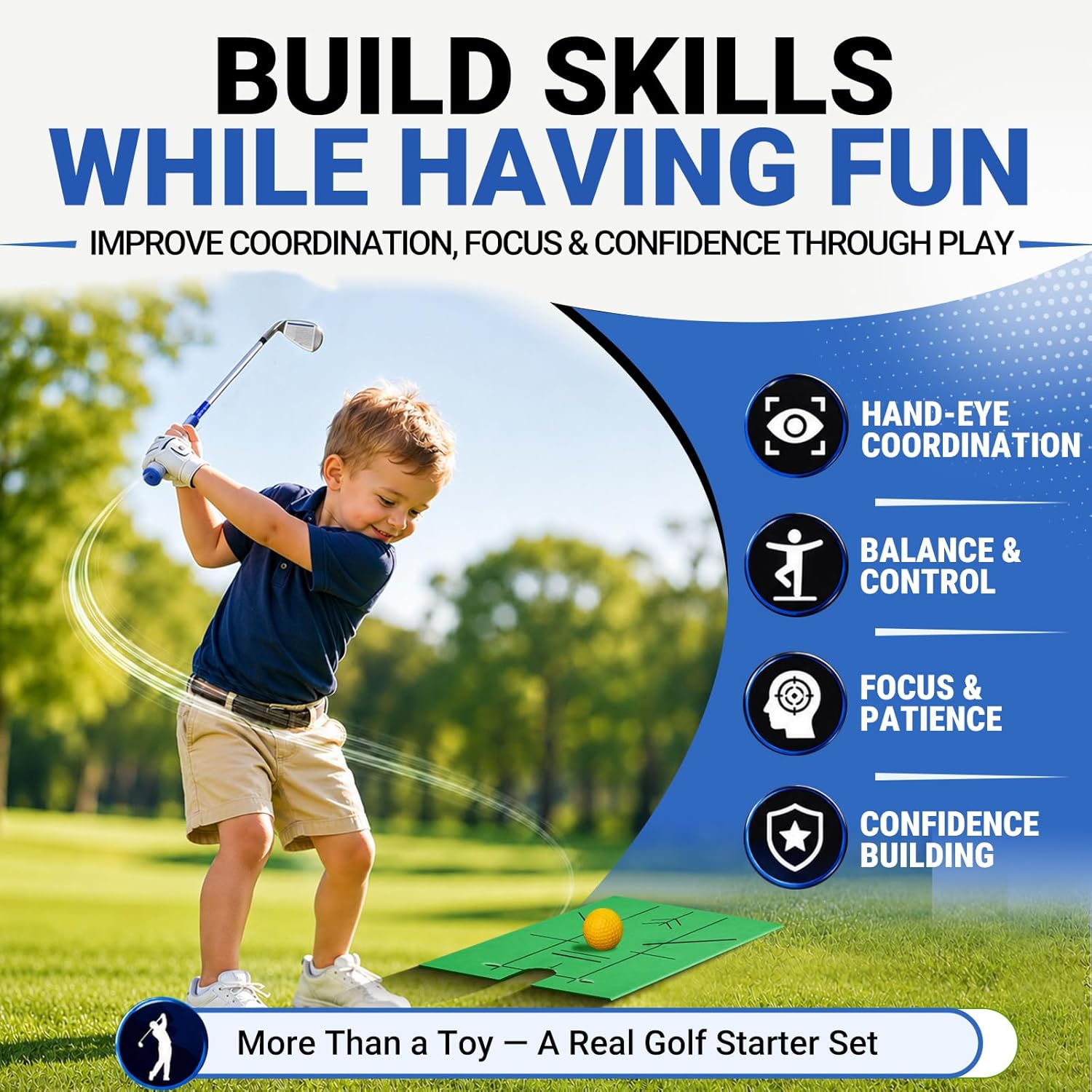 Kids Golf Clubs Set for Ages 3-5, Right Handed Junior Golf Clubs 6 Piece Set with Hybrid, 7 Iron, Putter, Golf Bag, Headcover & Practice Mat, Kids Golf Set for Height 3'4"–3'10", Blue
