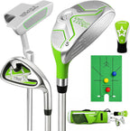 Kids Golf Clubs Set for Ages 3-5, Right Handed Junior Golf Clubs 6 Piece Set with Hybrid, 7 Iron, Putter, Golf Bag, Headcover & Practice Mat, Kids Golf Set for Height 3'4"–3'10", Green