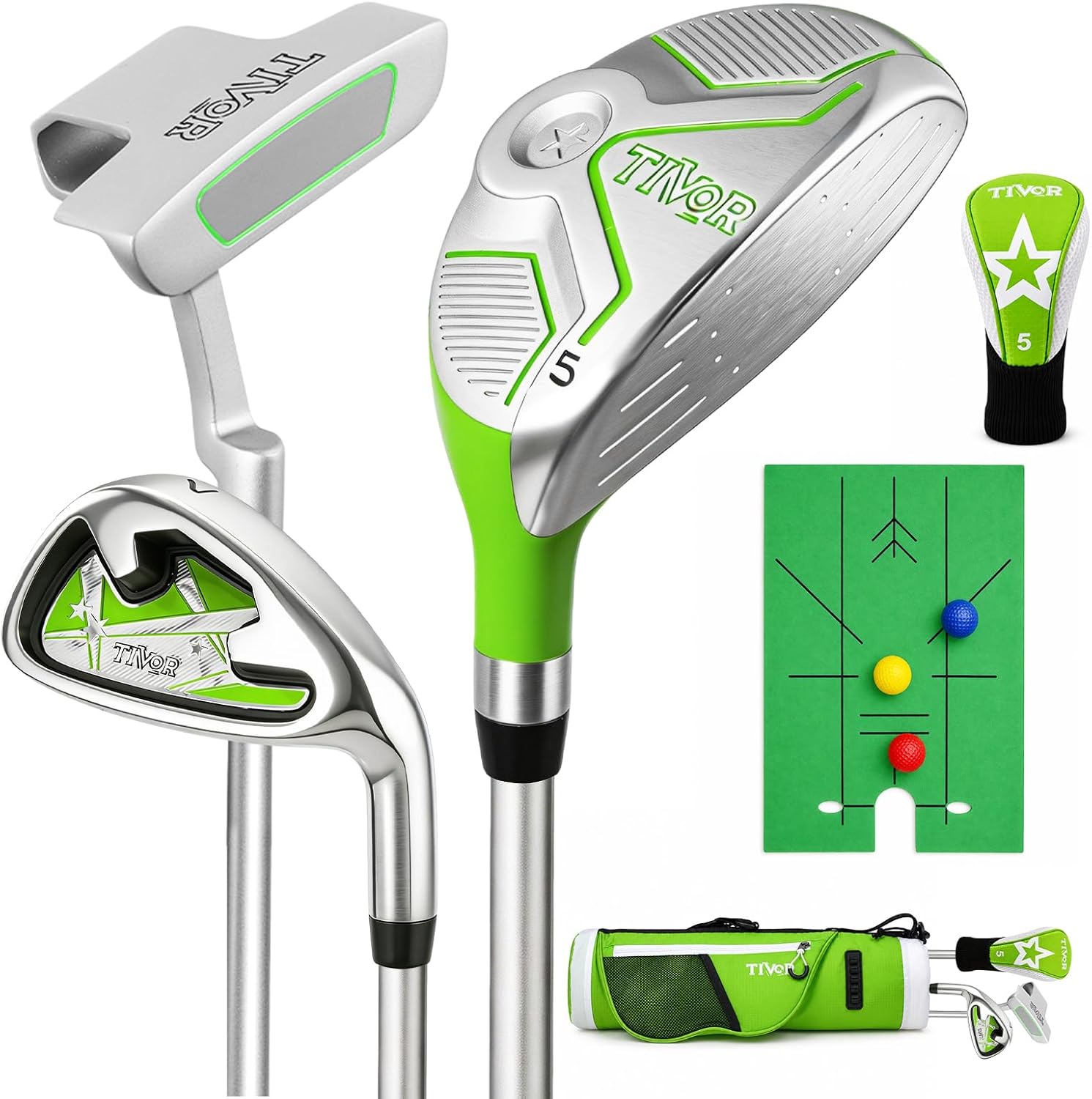 Kids Golf Clubs Set for Ages 3-5, Right Handed Junior Golf Clubs 6 Piece Set with Hybrid, 7 Iron, Putter, Golf Bag, Headcover & Practice Mat, Kids Golf Set for Height 3'4"–3'10", Green