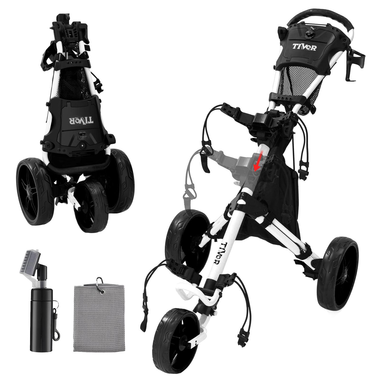 Tivor 3 Wheel Golf Push Cart, Lightweight Push Cart Golf One-Click Folding, Adjustable Height Pushcart for Golf Bags, Compact Design for Ladies, Junior Golfers