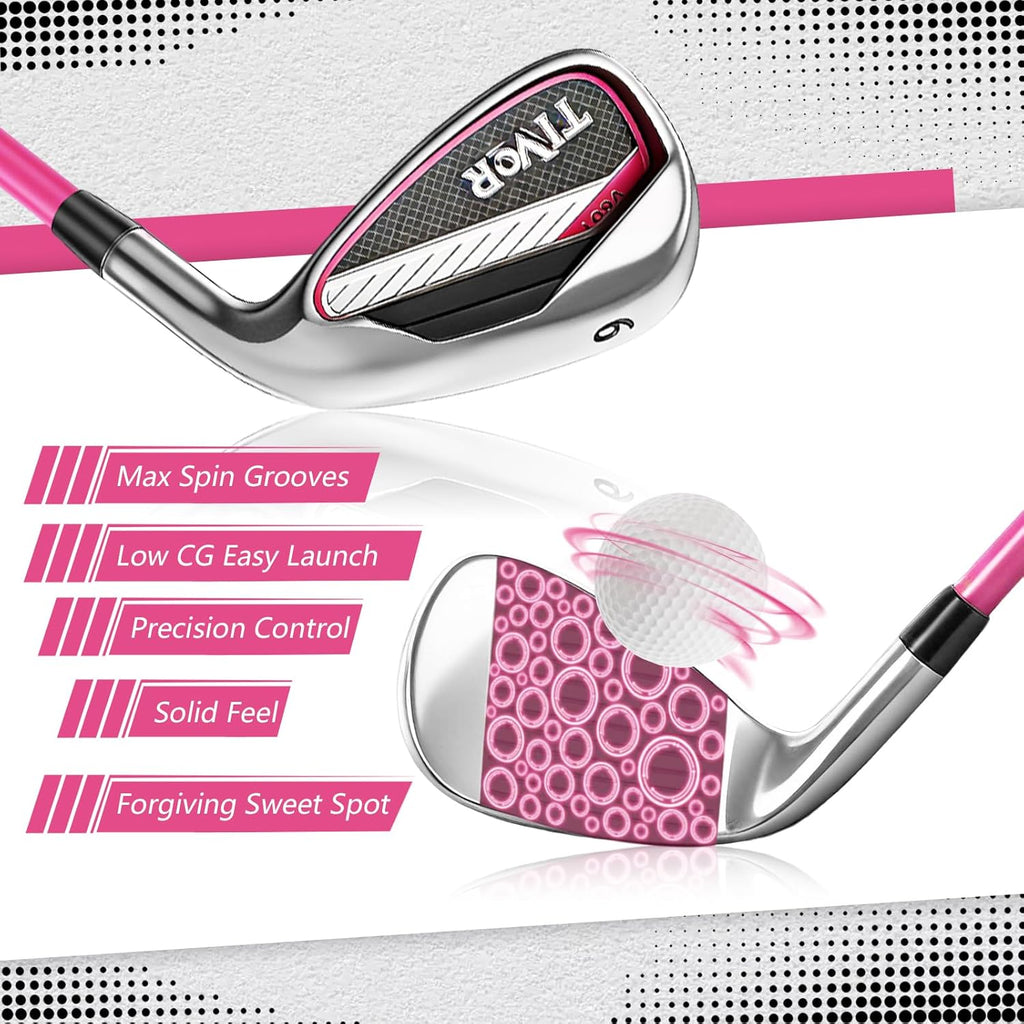 Golf Clubs Set 7-Piece Complete Set with Driver Hybrid 7 Iron 9 Iron Sand Wedge Putter Stand Bag for Women Men Right Left Handed - Beginner Golf Sets Pink Gray