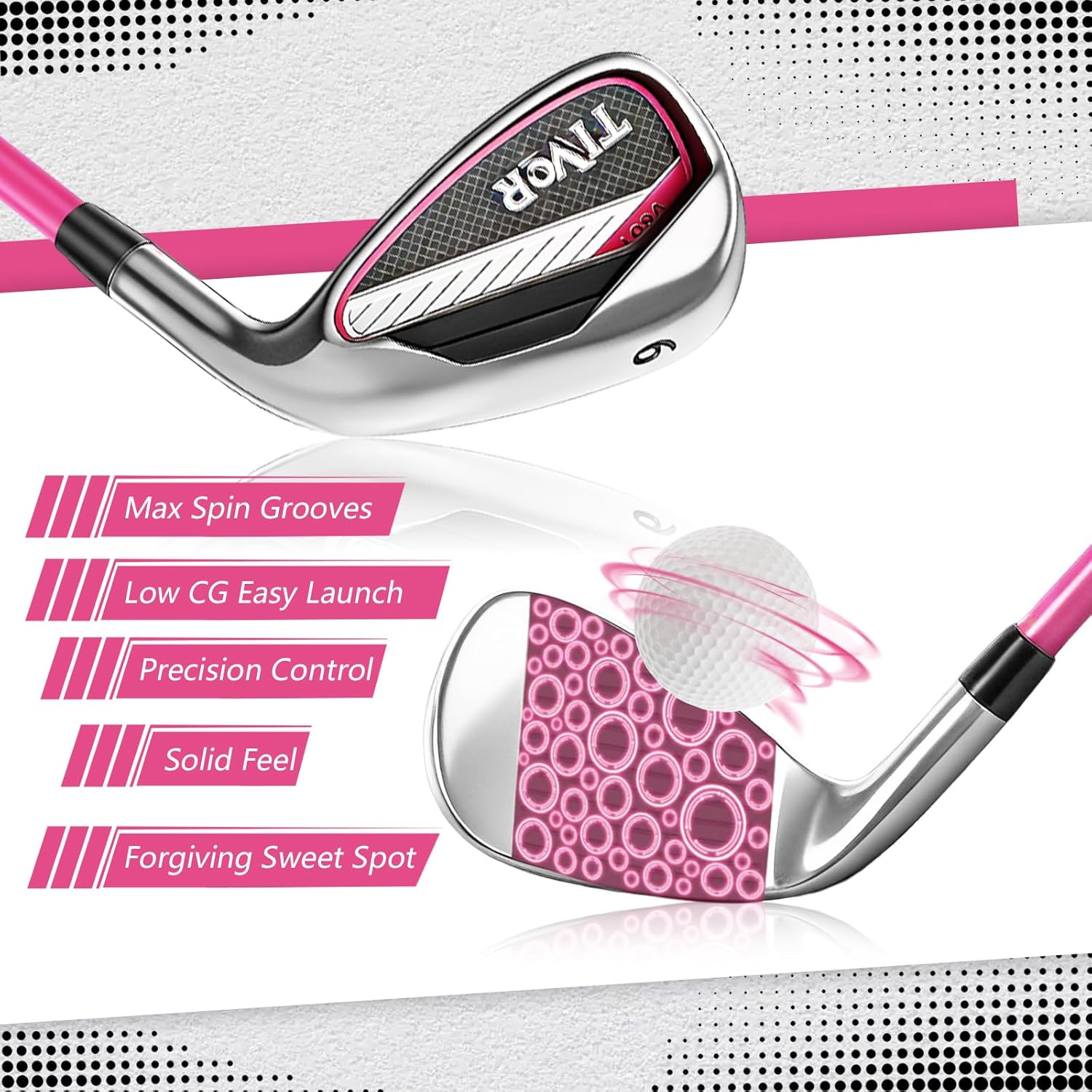 Golf Clubs Set 7-Piece Complete Set with Driver Hybrid 7 Iron 9 Iron Sand Wedge Putter Stand Bag for Women Men Right Left Handed - Beginner Golf Sets Pink Gray