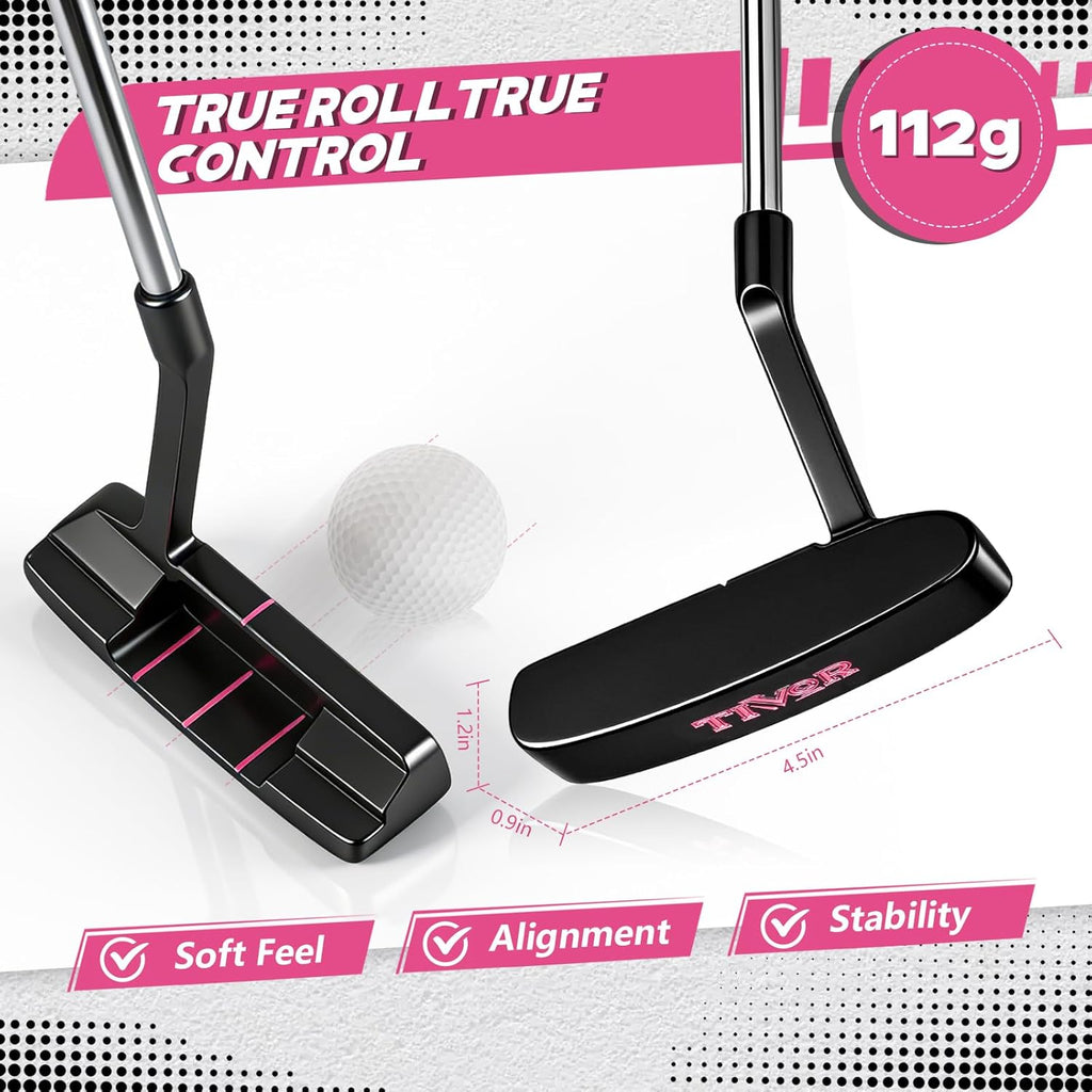 Golf Clubs Set 7-Piece Complete Set with Driver Hybrid 7 Iron 9 Iron Sand Wedge Putter Stand Bag for Women Men Right Left Handed - Beginner Golf Sets Pink Gray