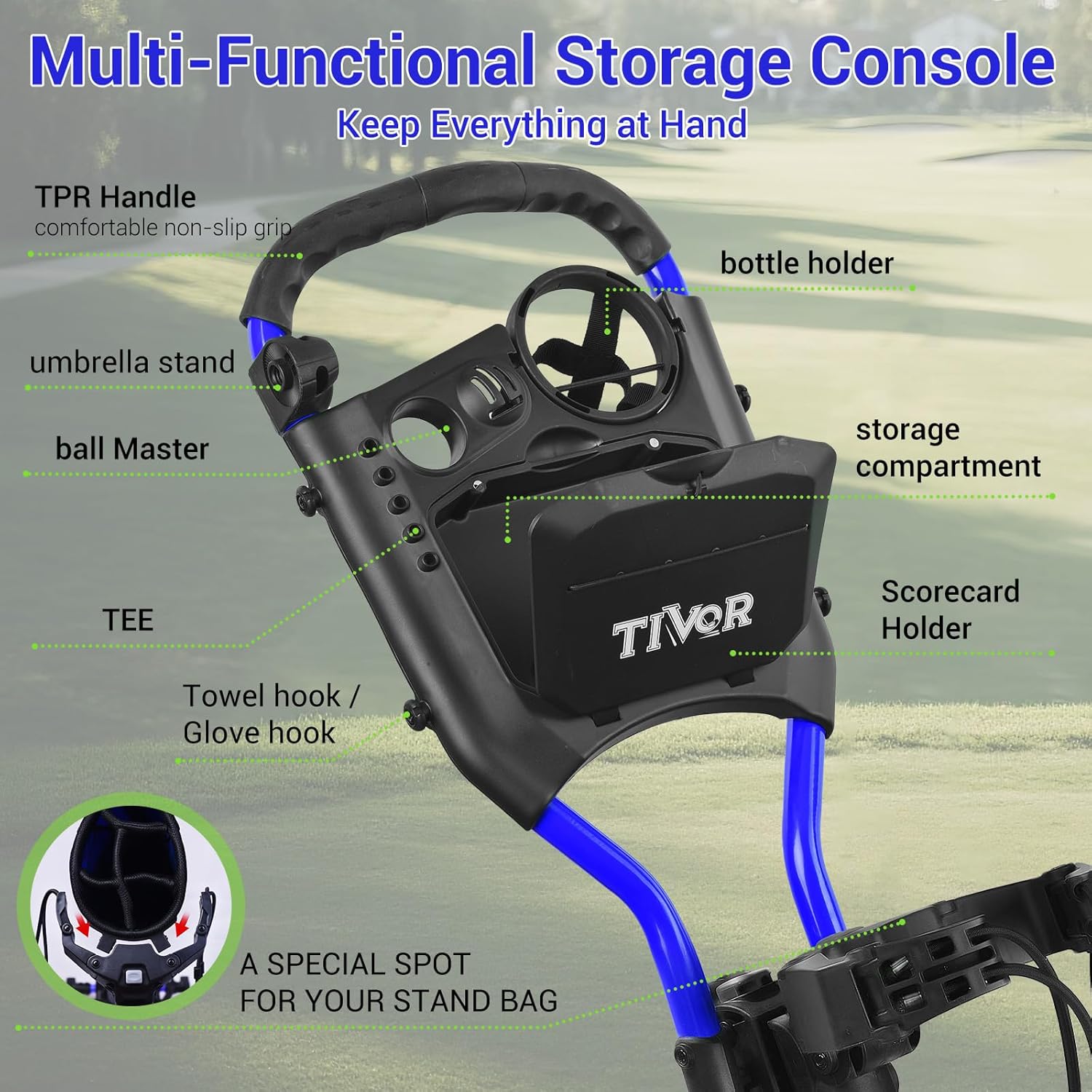 Tivor Lightweight Golf Push cart 4 Wheel Foldable Golf Trolley for Adults and Junior with Ergonomic Adjustable Handle, Scorecard Holder, Umbrella Mount, Foot Brake, All-Terrain Wheels