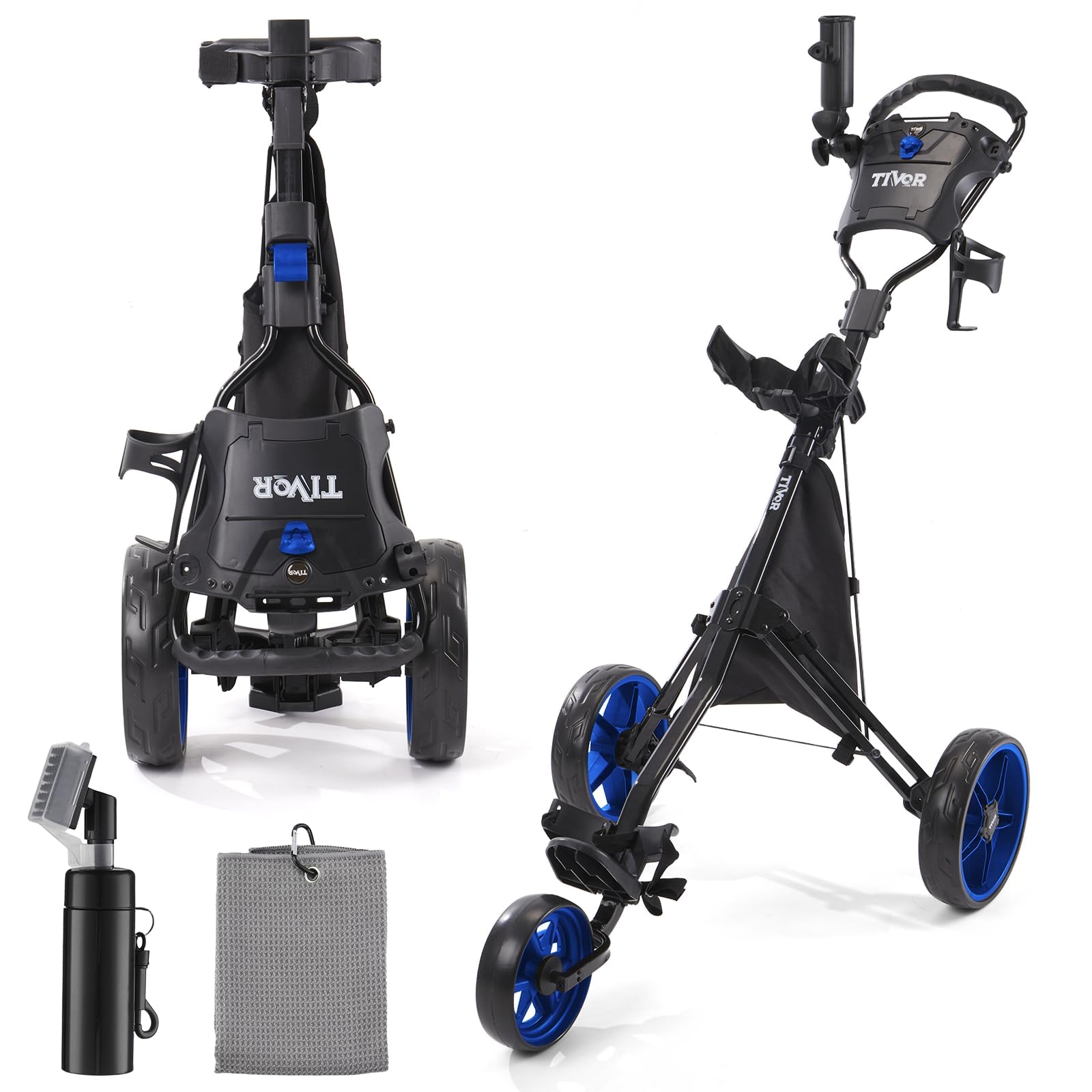 Tivor 3 Wheel Golf Push Cart, Lightweight Push Cart Golf One-Click Folding, Adjustable Height Pushcart for Golf Bags, Compact Design for Ladies, Junior Golfers