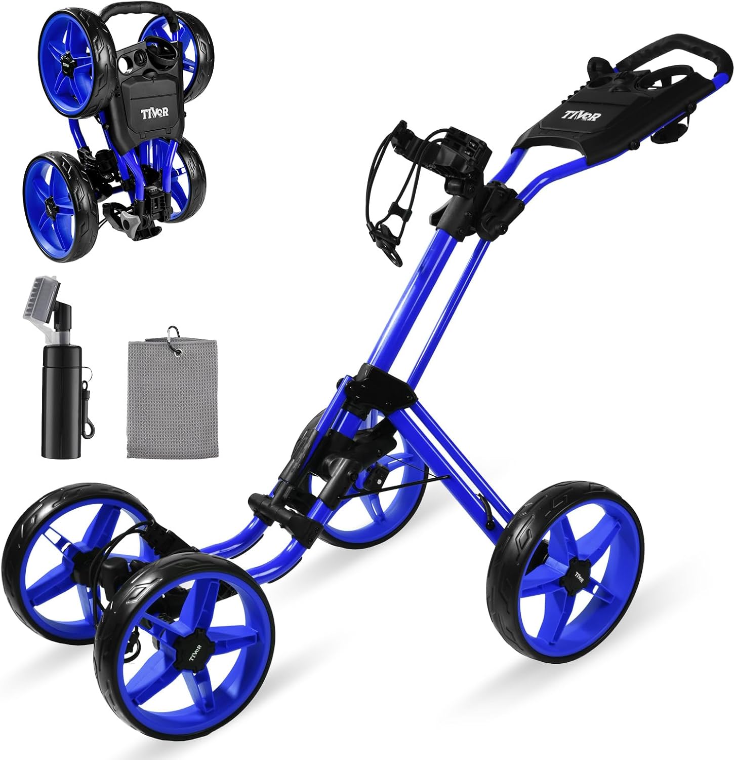 Tivor Lightweight Golf Push cart 4 Wheel Foldable Golf Trolley for Adults and Junior with Ergonomic Adjustable Handle, Scorecard Holder, Umbrella Mount, Foot Brake, All-Terrain Wheels