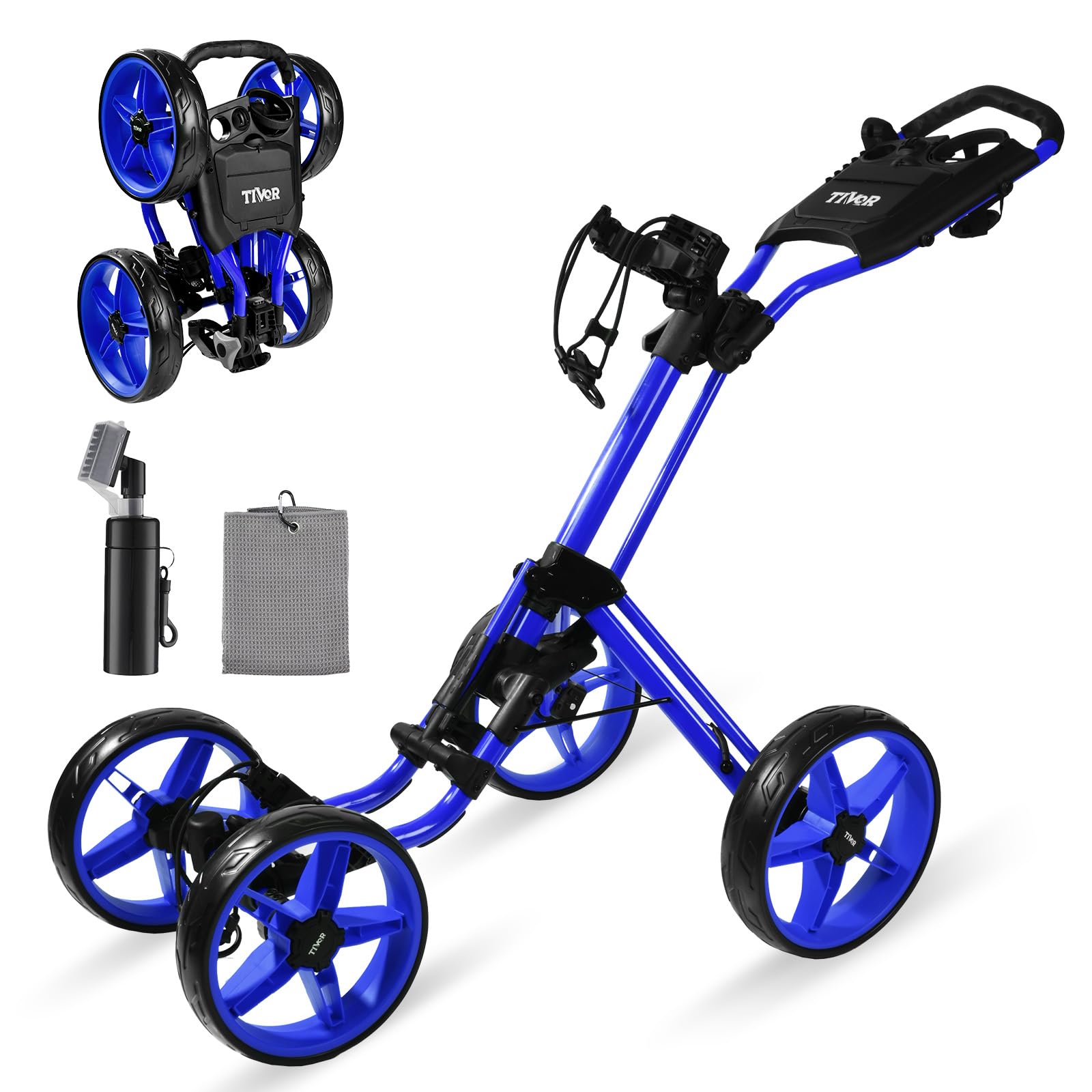 Tivor Lightweight Golf Push cart 4 Wheel Foldable Golf Trolley for Adults and Junior with Ergonomic Adjustable Handle, Scorecard Holder, Umbrella Mount, Foot Brake, All-Terrain Wheels
