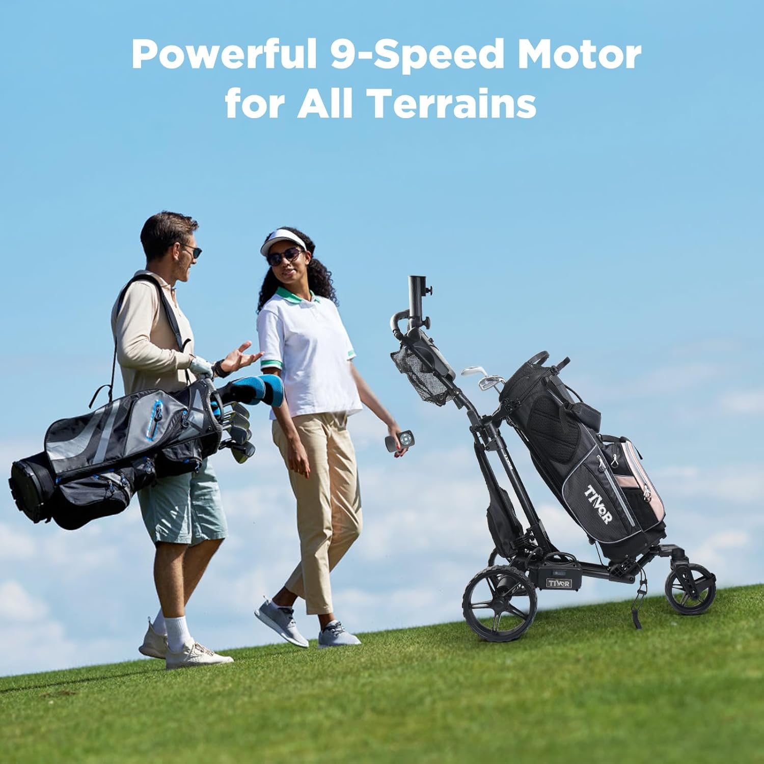 Tivor Electric Golf Push Cart with 24V10Ah Li-Ion Battery, 9 Speed Gears, Extra Large Storage, 2-Stage Folding with E-Brake, Travels Up and Downhill at Even Speeds