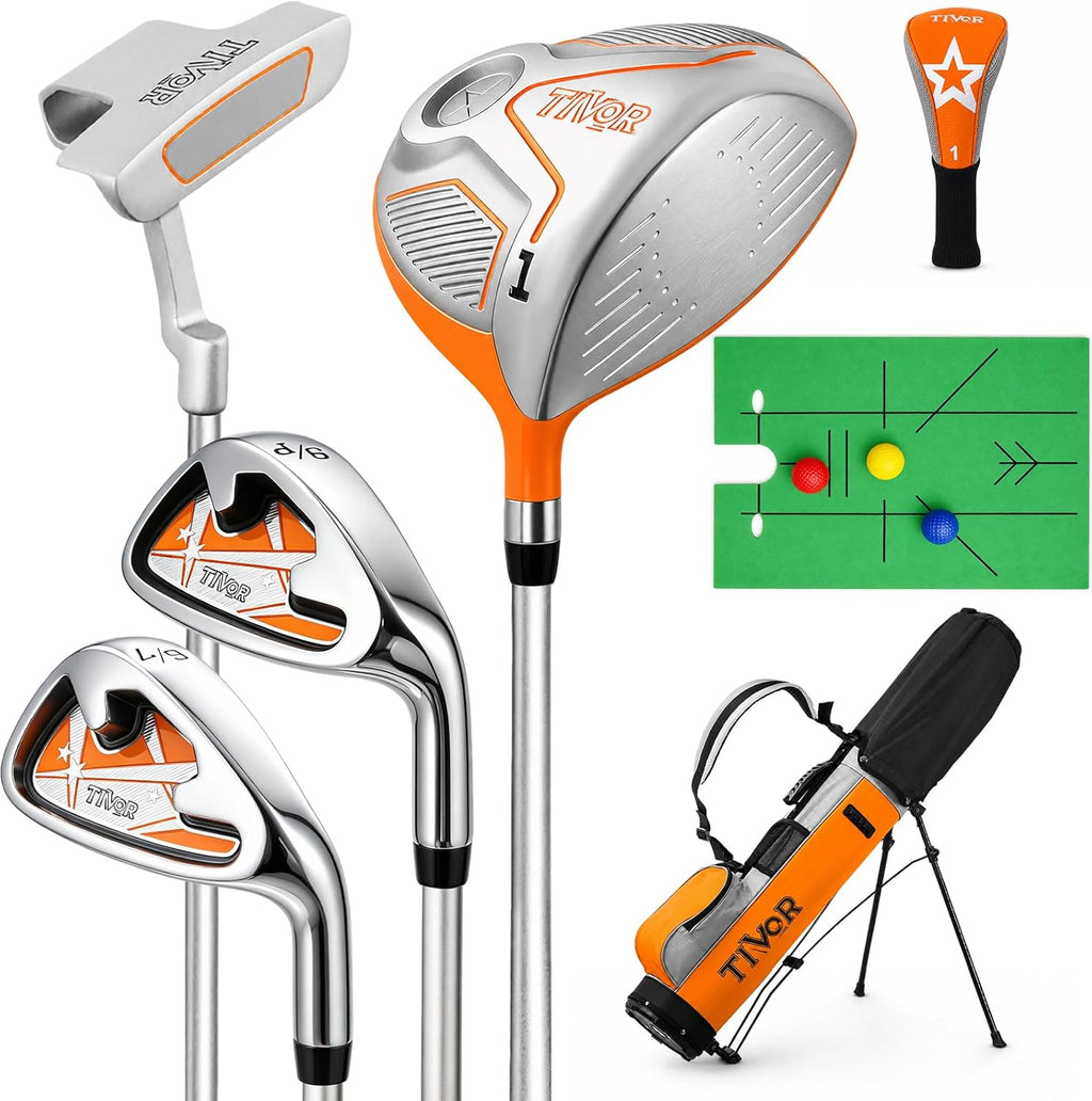 Kids Golf Clubs Set for Ages 6-8, Right Handed Junior Golf Clubs 7 Piece Set with 400cc Driver, 7 Iron, 9 Iron, Putter, Stand Bag, Headcover & Practice Mat, Kids Golf Set for Height 3'10"-4'4", Orange