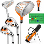 Kids Golf Clubs Set for Ages 6-8, Right Handed Junior Golf Clubs 7 Piece Set with 400cc Driver, 7 Iron, 9 Iron, Putter, Stand Bag, Headcover & Practice Mat, Kids Golf Set for Height 3'10"-4'4", Orange