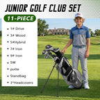 Youth Golf Clubs Set for Ages 12-14, Right Handed Junior Golf Clubs 11 Piece Set with 400cc Driver, 3 Wood, Hybrid,7 Iron, 9 Iron, Wedge, Putter, Stand Bag &amp; 3 Headcovers，Green Black