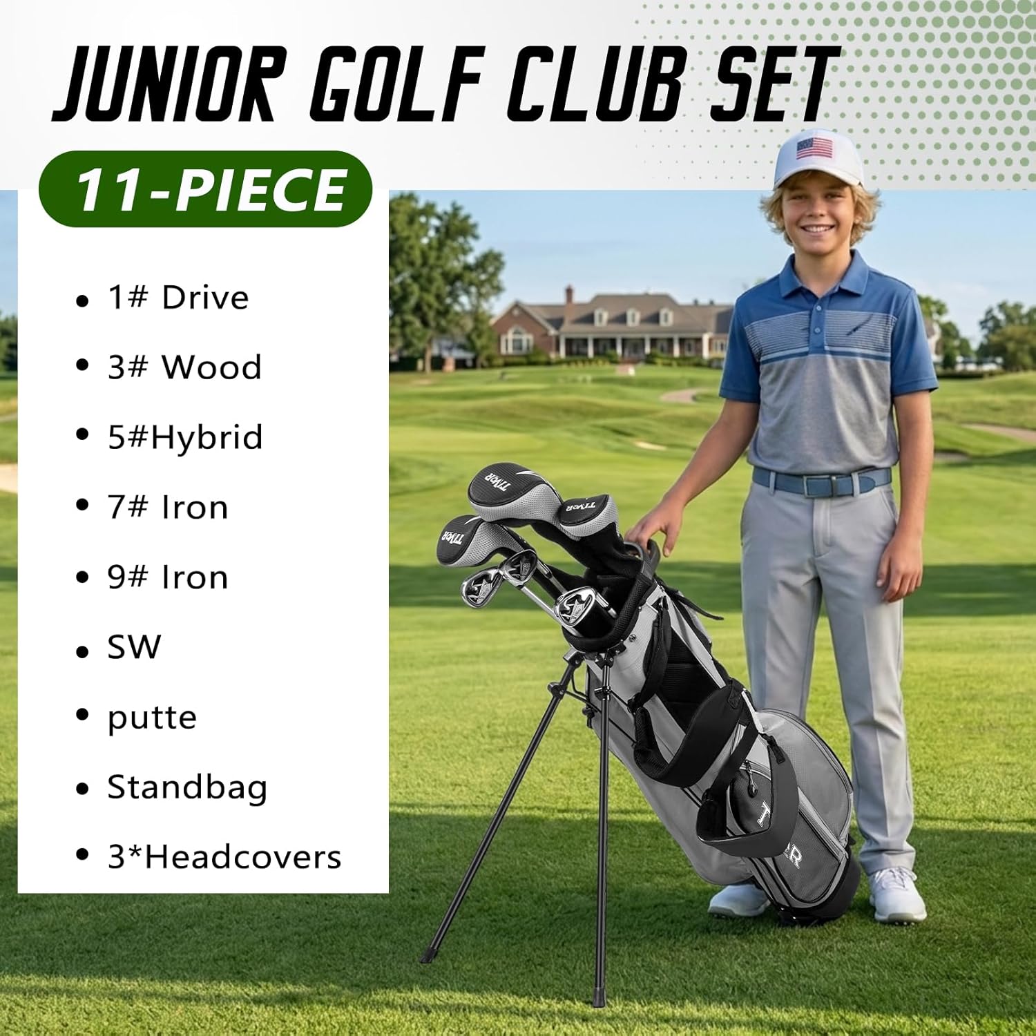 Youth Golf Clubs Set for Ages 12-14, Right Handed Junior Golf Clubs 11 Piece Set with 400cc Driver, 3 Wood, Hybrid,7 Iron, 9 Iron, Wedge, Putter, Stand Bag &amp; 3 Headcovers，Green Black