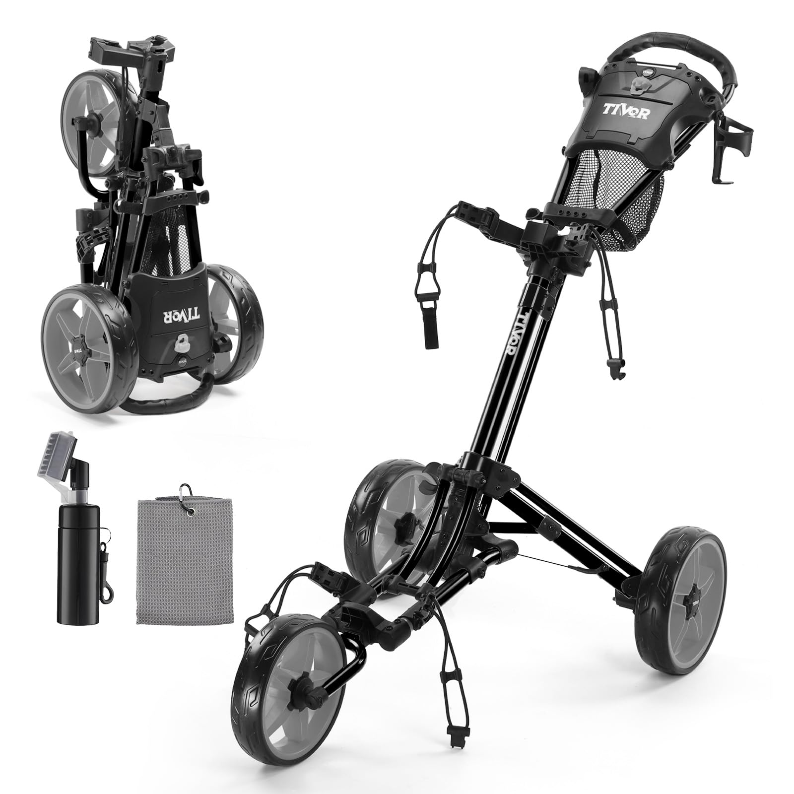 Tivor Lightweight Golf Push cart 3 Wheel,Foldable Golf Trolley for Adults and Junior with Ergonomic Adjustable Handle, Scorecard Holder, Umbrella Mount, Foot Brake, All-Terrain Wheels