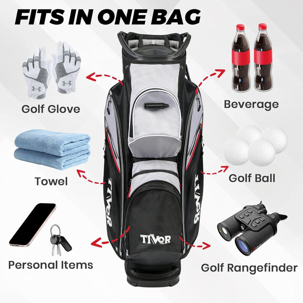 TIVOR 2026 Golf Cart Bag - 14-Way Full-Length Dividers, 9 Pockets, Easy-Access Handle & Ergonomic Straps | Perfect for Cart & Walking, Includes Rain Cover