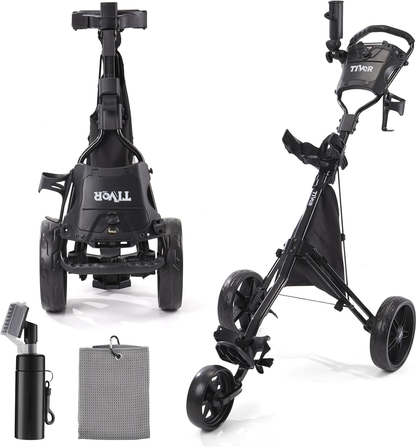 Tivor 3 Wheel Golf Push Cart, Lightweight Push Cart Golf One-Click Folding, Adjustable Height Pushcart for Golf Bags, Compact Design for Ladies, Junior Golfers