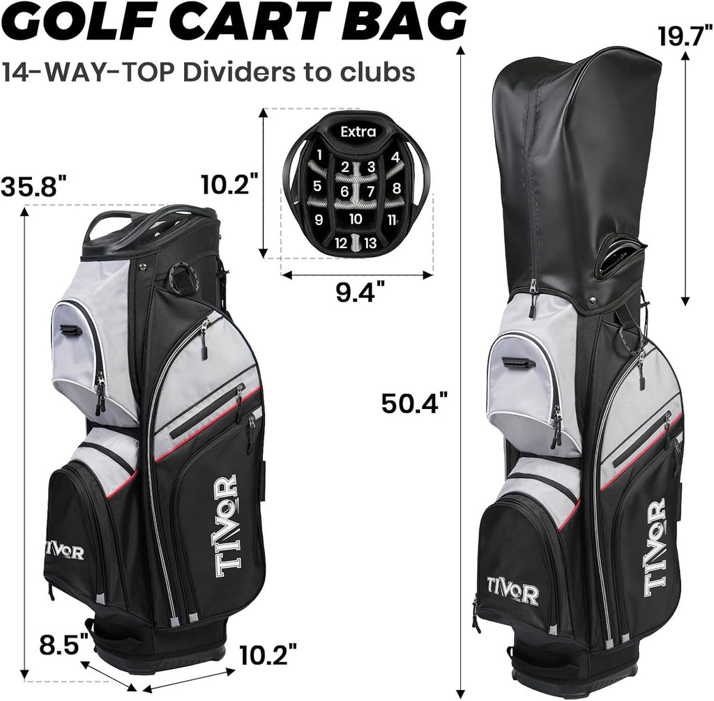 TIVOR 2026 Golf Cart Bag - 14-Way Full-Length Dividers, 9 Pockets, Easy-Access Handle & Ergonomic Straps | Perfect for Cart & Walking, Includes Rain Cover