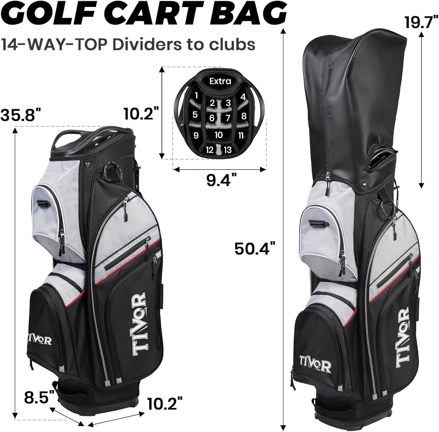 TIVOR 2026 Golf Cart Bag - 14-Way Full-Length Dividers, 9 Pockets, Easy-Access Handle & Ergonomic Straps | Perfect for Cart & Walking, Includes Rain Cover