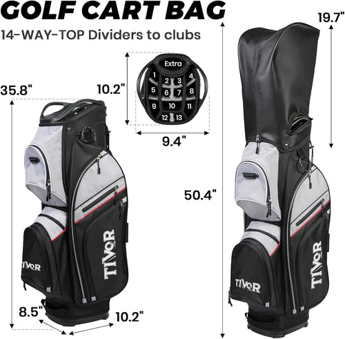 TIVOR 2026 Golf Cart Bag - 14-Way Full-Length Dividers, 9 Pockets, Easy-Access Handle & Ergonomic Straps | Perfect for Cart & Walking, Includes Rain Cover