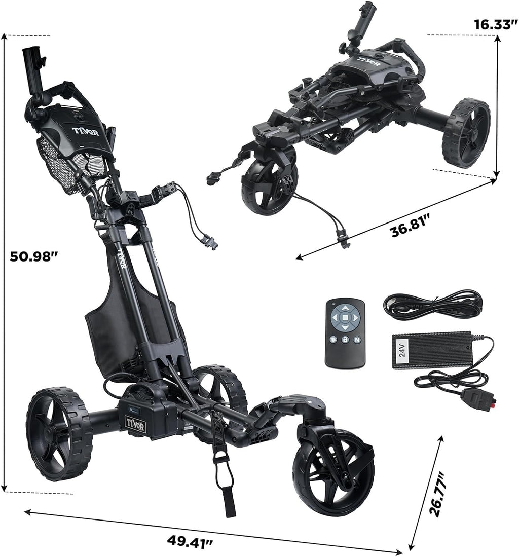 Tivor Electric Golf Push Cart with 24V10Ah Li-Ion Battery, 9 Speed Gears, Extra Large Storage, 2-Stage Folding with E-Brake, Travels Up and Downhill at Even Speeds