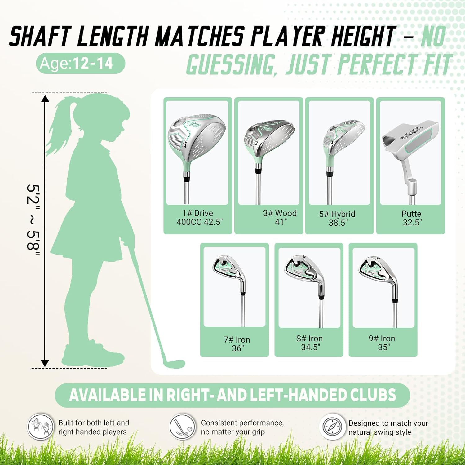 Youth Golf Clubs Set for Ages 12-14, Right Handed Junior Golf Clubs 11 Piece Set with 400cc Driver, 3 Wood, Hybrid,7 Iron, 9 Iron, Wedge, Putter, Stand Bag &amp; 3 Headcovers，Green Black