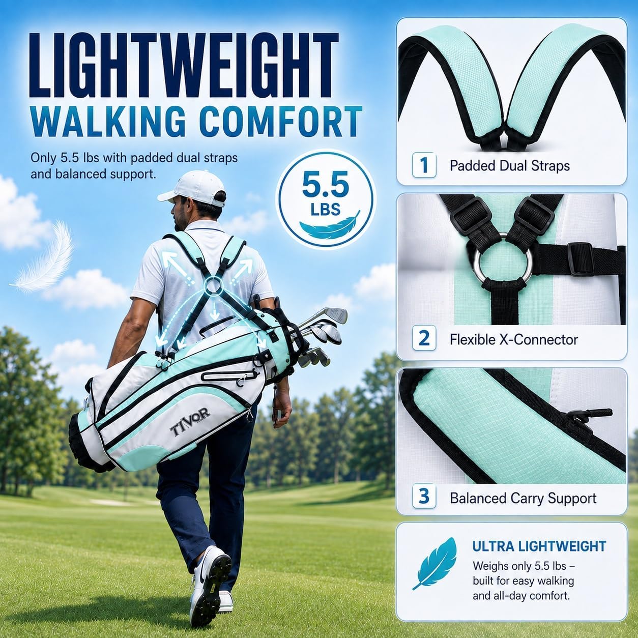 Golf Stand Bag for Men, 7-Way Lightweight Design for Walking Golfers