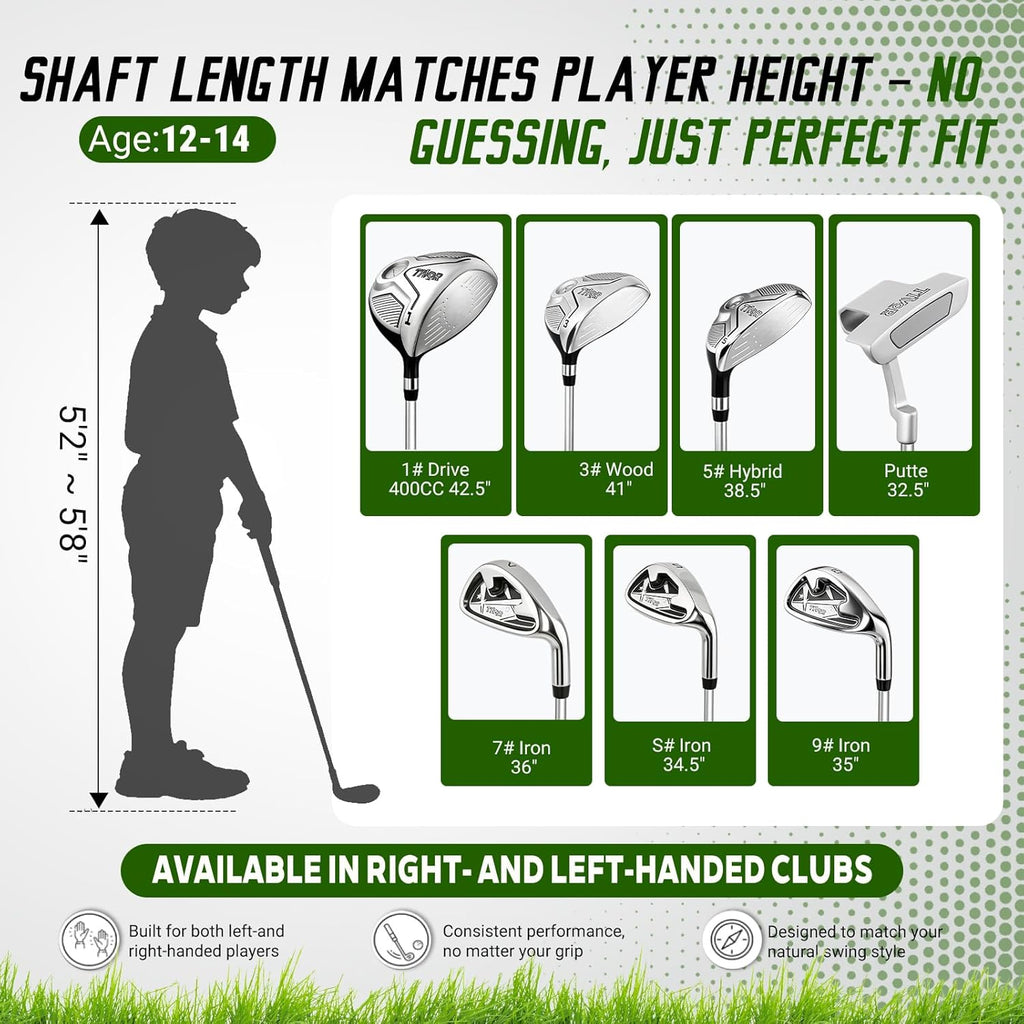 Youth Golf Clubs Set for Ages 12-14, Right Handed Junior Golf Clubs 11 Piece Set with 400cc Driver, 3 Wood, Hybrid,7 Iron, 9 Iron, Wedge, Putter, Stand Bag &amp; 3 Headcovers，Green Black