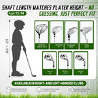 Youth Golf Clubs Set for Ages 12-14, Right Handed Junior Golf Clubs 11 Piece Set with 400cc Driver, 3 Wood, Hybrid,7 Iron, 9 Iron, Wedge, Putter, Stand Bag &amp; 3 Headcovers，Green Black