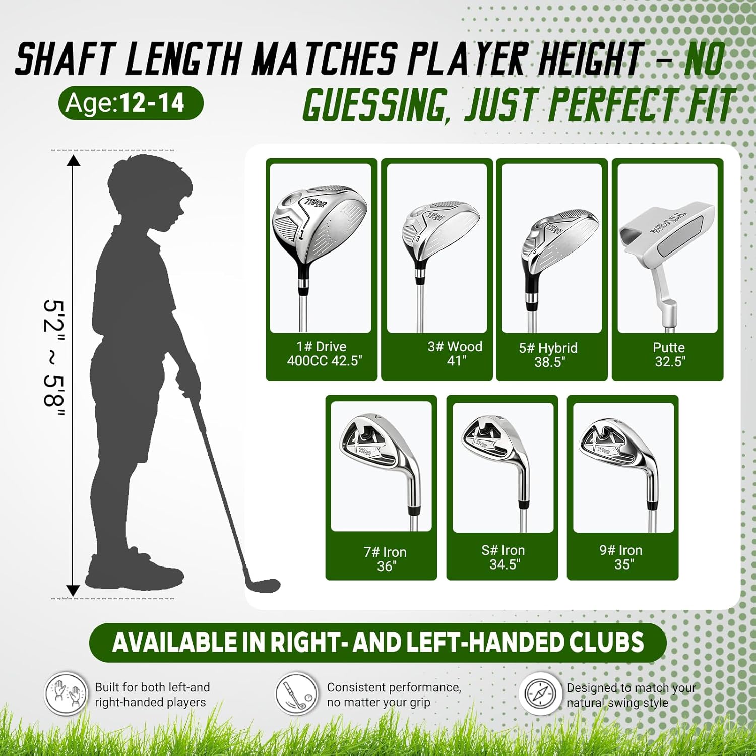 Youth Golf Clubs Set for Ages 12-14, Right Handed Junior Golf Clubs 11 Piece Set with 400cc Driver, 3 Wood, Hybrid,7 Iron, 9 Iron, Wedge, Putter, Stand Bag &amp; 3 Headcovers，Green Black