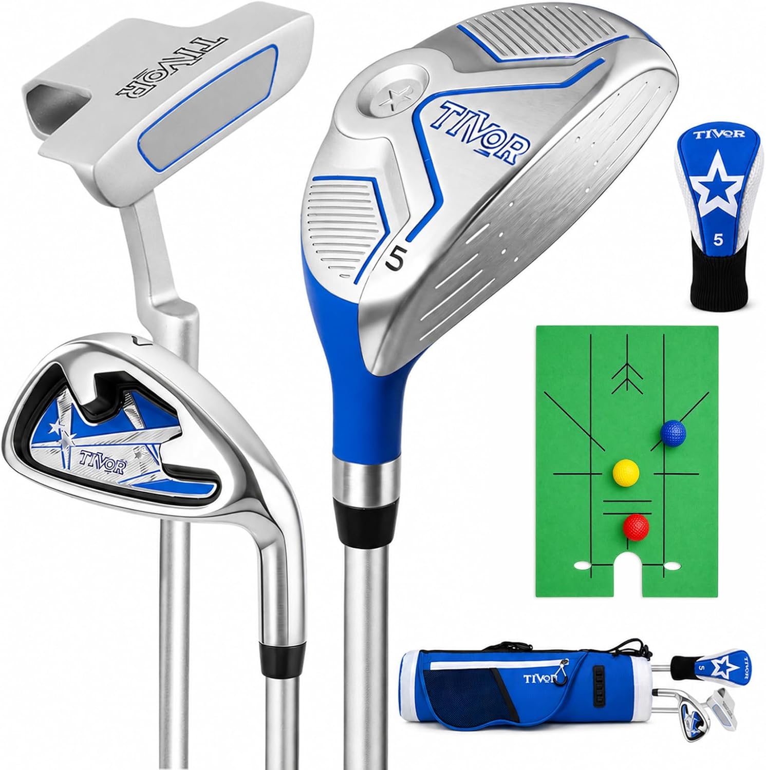 Kids Golf Clubs Set for Ages 3-5, Right Handed Junior Golf Clubs 6 Piece Set with Hybrid, 7 Iron, Putter, Golf Bag, Headcover & Practice Mat, Kids Golf Set for Height 3'4"–3'10", Blue