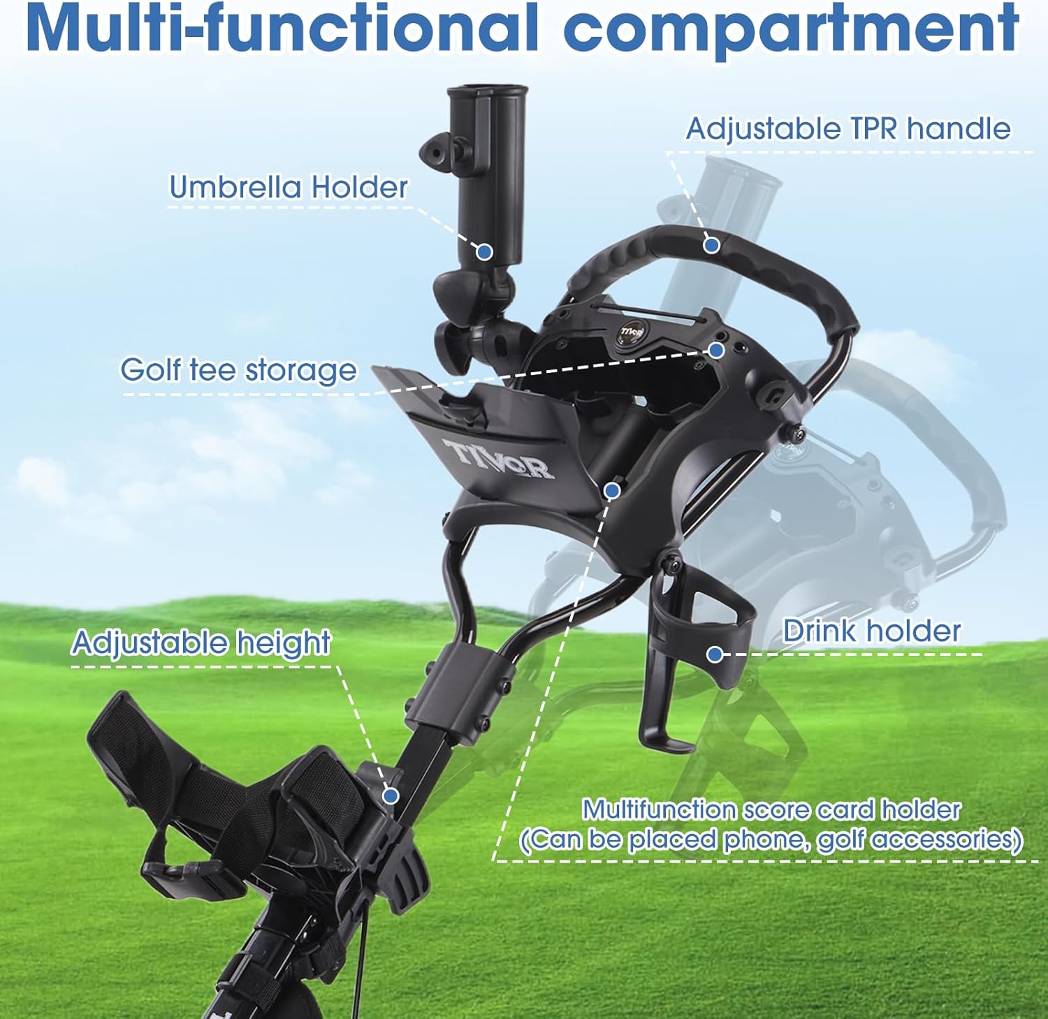 Tivor 3 Wheel Golf Push Cart, Lightweight Push Cart Golf One-Click Folding, Adjustable Height Pushcart for Golf Bags, Compact Design for Ladies, Junior Golfers