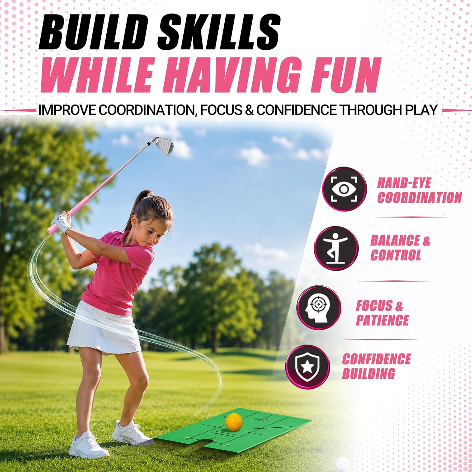 Kids Golf Clubs Set for Ages 9-12, Right Handed Youth Golf Clubs 9 Piece Set with 400cc Driver, Hybrid, 7 Iron, 9 Iron, Putter, Stand Bag &amp; Practice Mat, Junior Golf Clubs for Height 4'4"-4'10",Pink