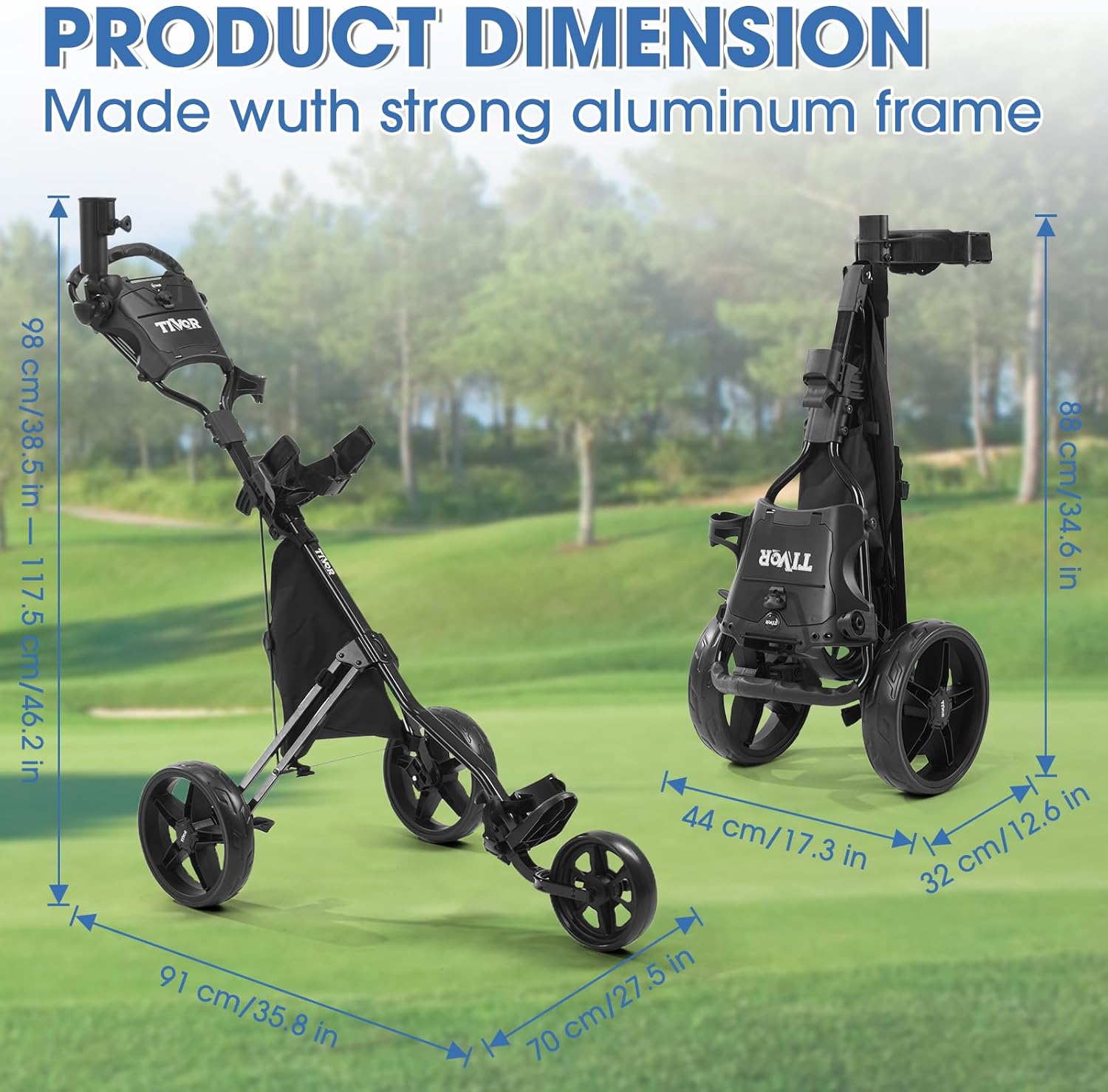 Tivor 3 Wheel Golf Push Cart, Lightweight Push Cart Golf One-Click Folding, Adjustable Height Pushcart for Golf Bags, Compact Design for Ladies, Junior Golfers