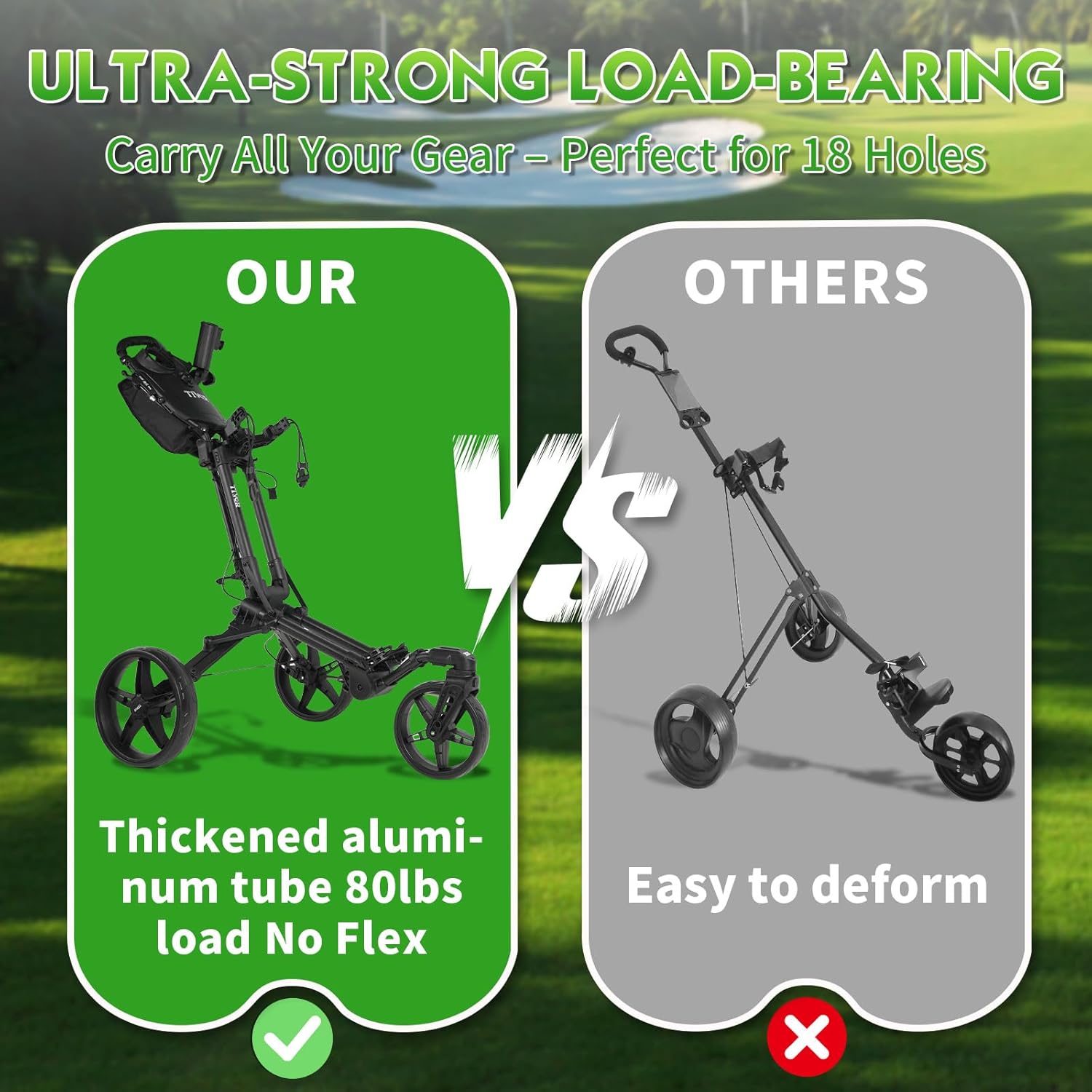 Tivor Golf Push Cart with 360° Front Wheels & Handbrake, 3 Wheel Pull Cart Offers One-Click Folding and All-Terrain Mobility