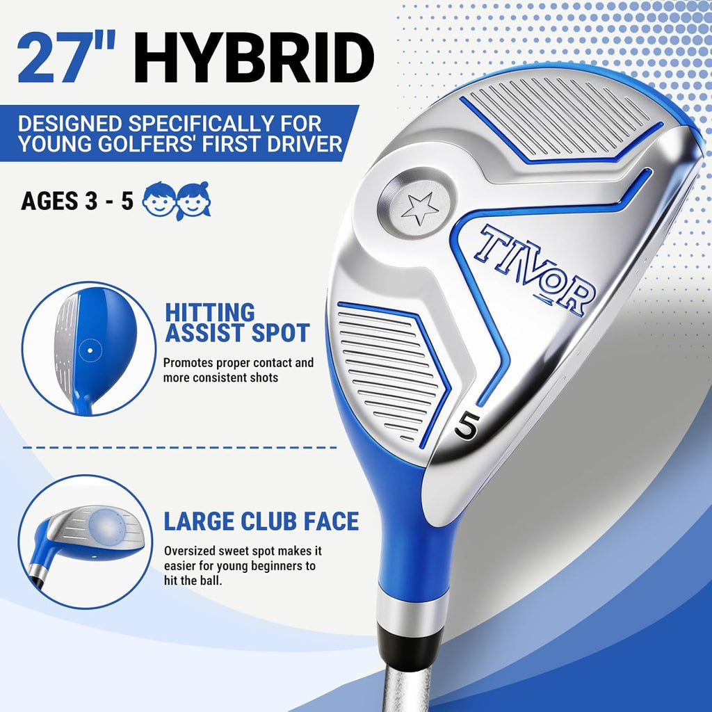 Kids Golf Clubs Set for Ages 3-5, Right Handed Junior Golf Clubs 6 Piece Set with Hybrid, 7 Iron, Putter, Golf Bag, Headcover & Practice Mat, Kids Golf Set for Height 3'4"–3'10", Blue