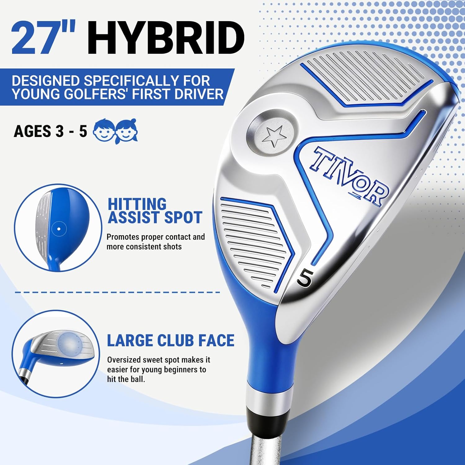 Kids Golf Clubs Set for Ages 3-5, Right Handed Junior Golf Clubs 6 Piece Set with Hybrid, 7 Iron, Putter, Golf Bag, Headcover & Practice Mat, Kids Golf Set for Height 3'4"–3'10", Blue