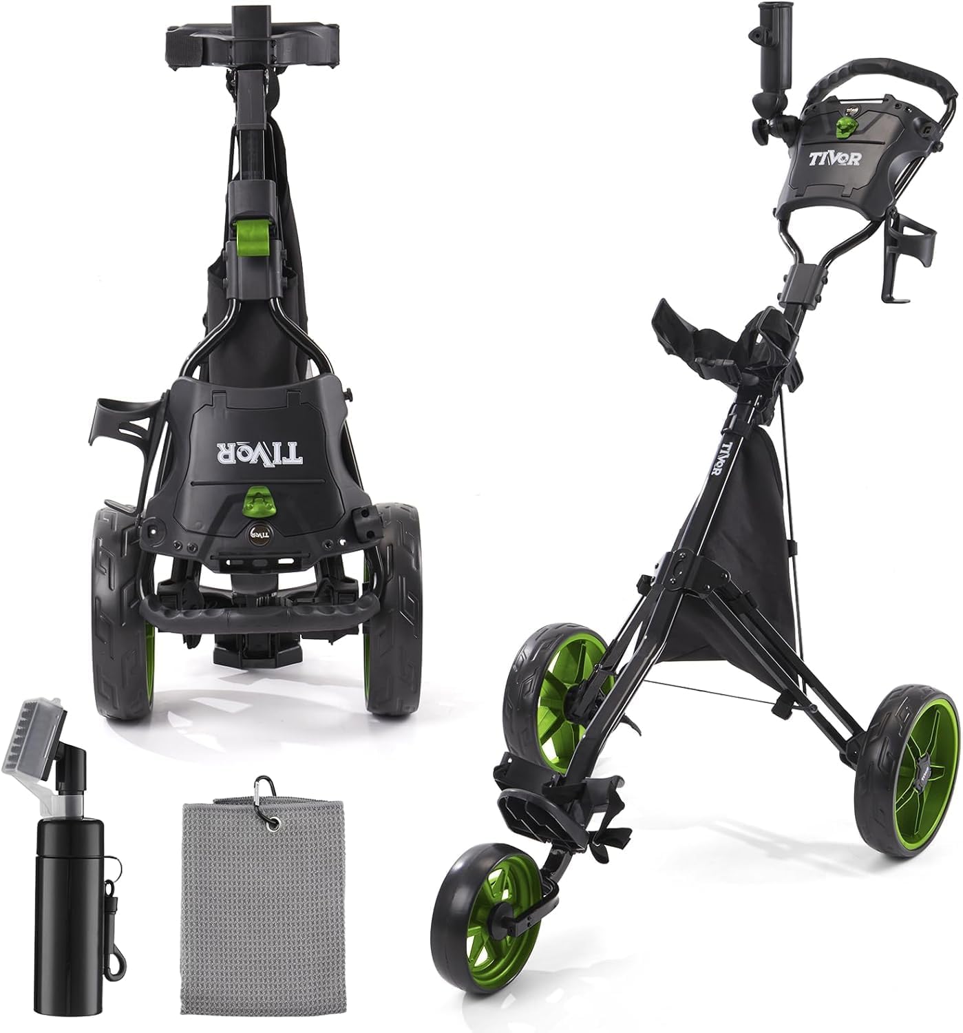 Tivor 3 Wheel Golf Push Cart, Lightweight Push Cart Golf One-Click Folding, Adjustable Height Pushcart for Golf Bags, Compact Design for Ladies, Junior Golfers