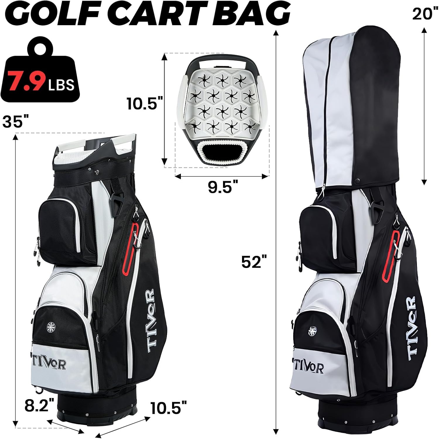 TIVOR Golf Cart Bag 15-Way Dividers, 12 Pockets, Premium Silent Design with Rain Hood - Black & Gray
