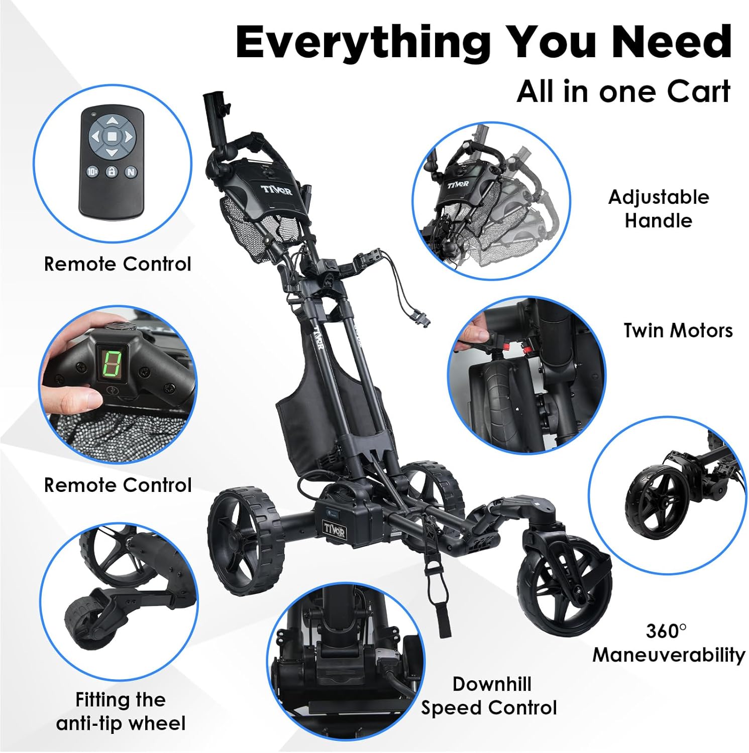 Tivor Electric Golf Push Cart with 24V10Ah Li-Ion Battery, 9 Speed Gears, Extra Large Storage, 2-Stage Folding with E-Brake, Travels Up and Downhill at Even Speeds