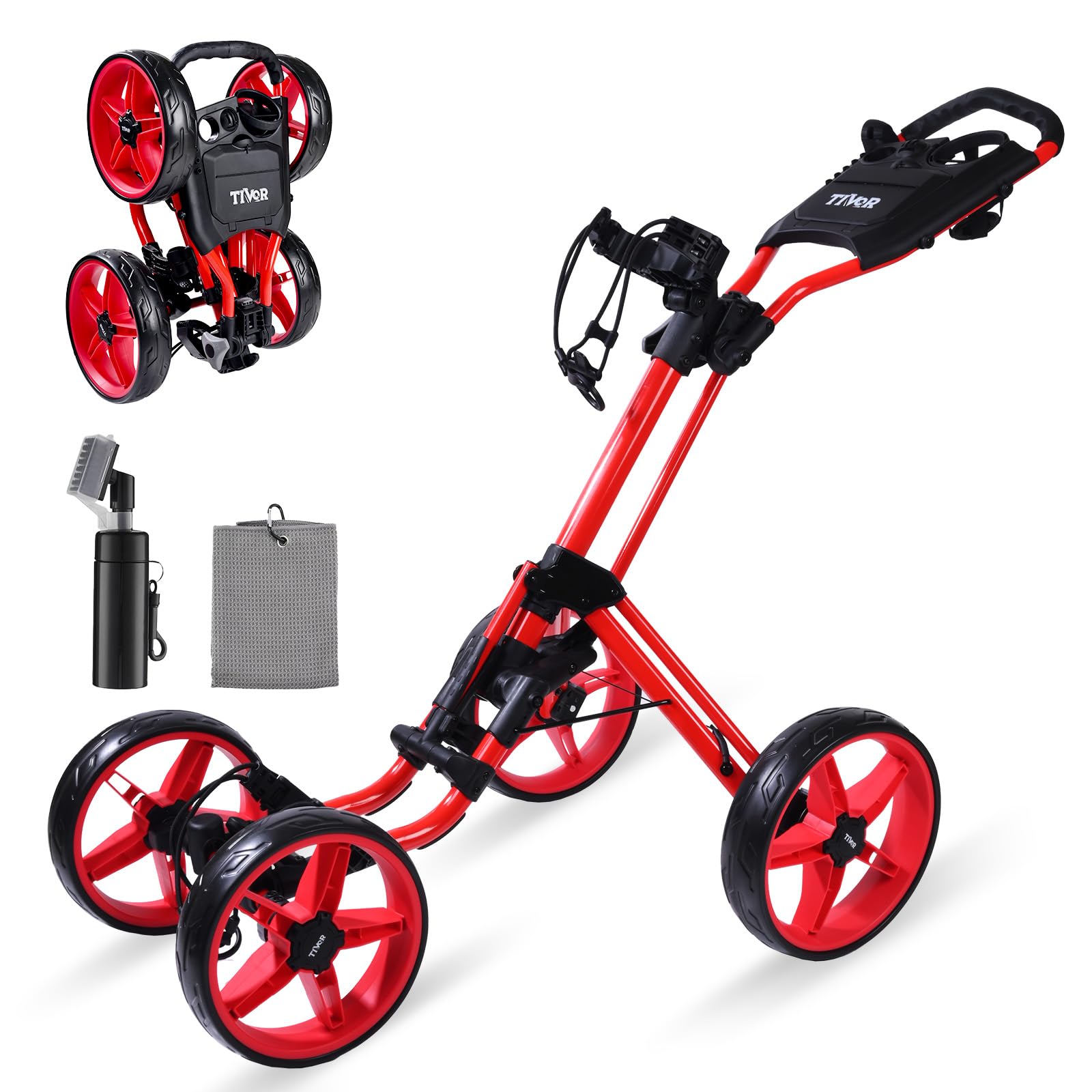 Tivor Lightweight Golf Push cart 4 Wheel Foldable Golf Trolley for Adults and Junior with Ergonomic Adjustable Handle, Scorecard Holder, Umbrella Mount, Foot Brake, All-Terrain Wheels