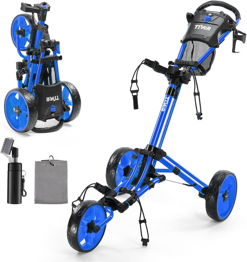 Tivor Lightweight Golf Push cart 3 Wheel,Foldable Golf Trolley for Adults and Junior with Ergonomic Adjustable Handle, Scorecard Holder, Umbrella Mount, Foot Brake, All-Terrain Wheels