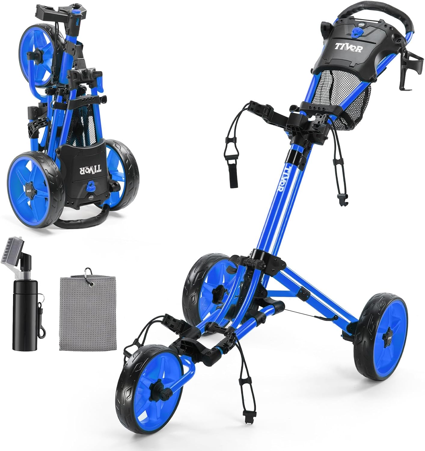 Tivor Lightweight Golf Push cart 3 Wheel,Foldable Golf Trolley for Adults and Junior with Ergonomic Adjustable Handle, Scorecard Holder, Umbrella Mount, Foot Brake, All-Terrain Wheels