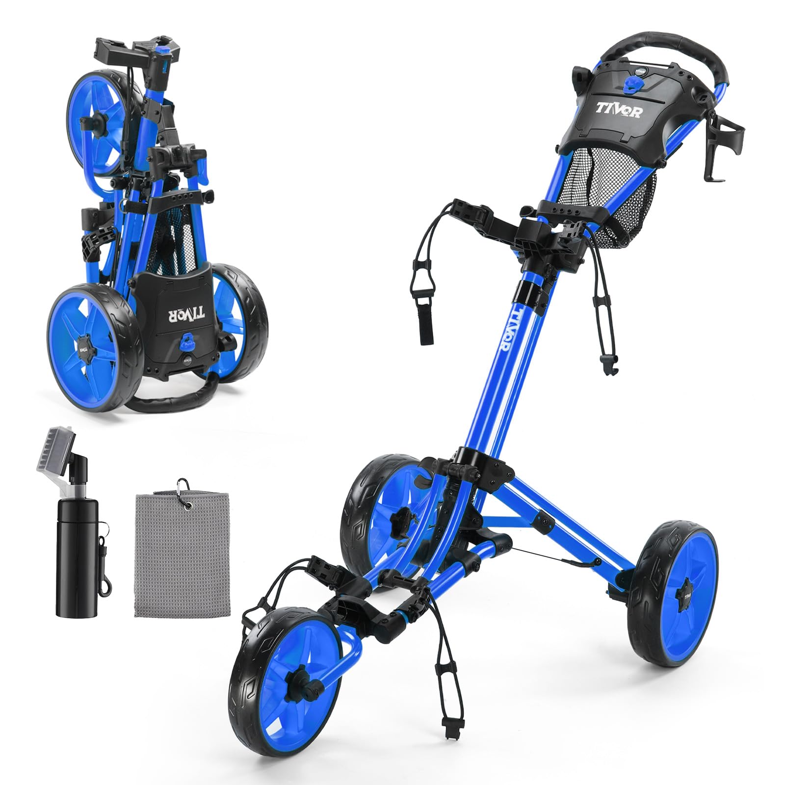 Tivor Lightweight Golf Push cart 3 Wheel,Foldable Golf Trolley for Adults and Junior with Ergonomic Adjustable Handle, Scorecard Holder, Umbrella Mount, Foot Brake, All-Terrain Wheels