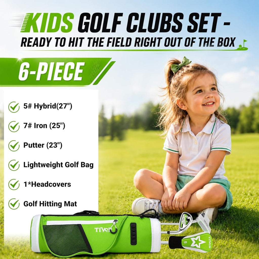 Kids Golf Clubs Set for Ages 3-5, Right Handed Junior Golf Clubs 6 Piece Set with Hybrid, 7 Iron, Putter, Golf Bag, Headcover & Practice Mat, Kids Golf Set for Height 3'4"–3'10", Green