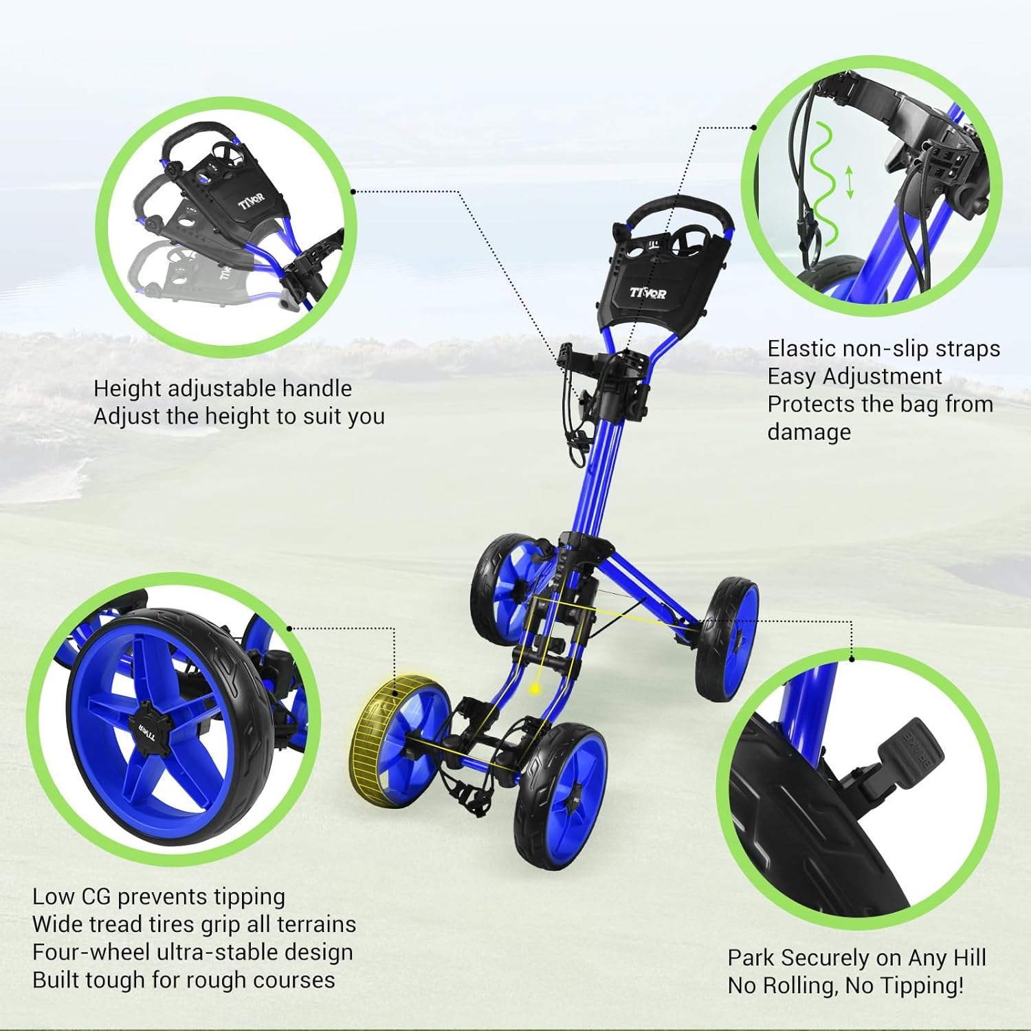 Tivor Lightweight Golf Push cart 4 Wheel Foldable Golf Trolley for Adults and Junior with Ergonomic Adjustable Handle, Scorecard Holder, Umbrella Mount, Foot Brake, All-Terrain Wheels