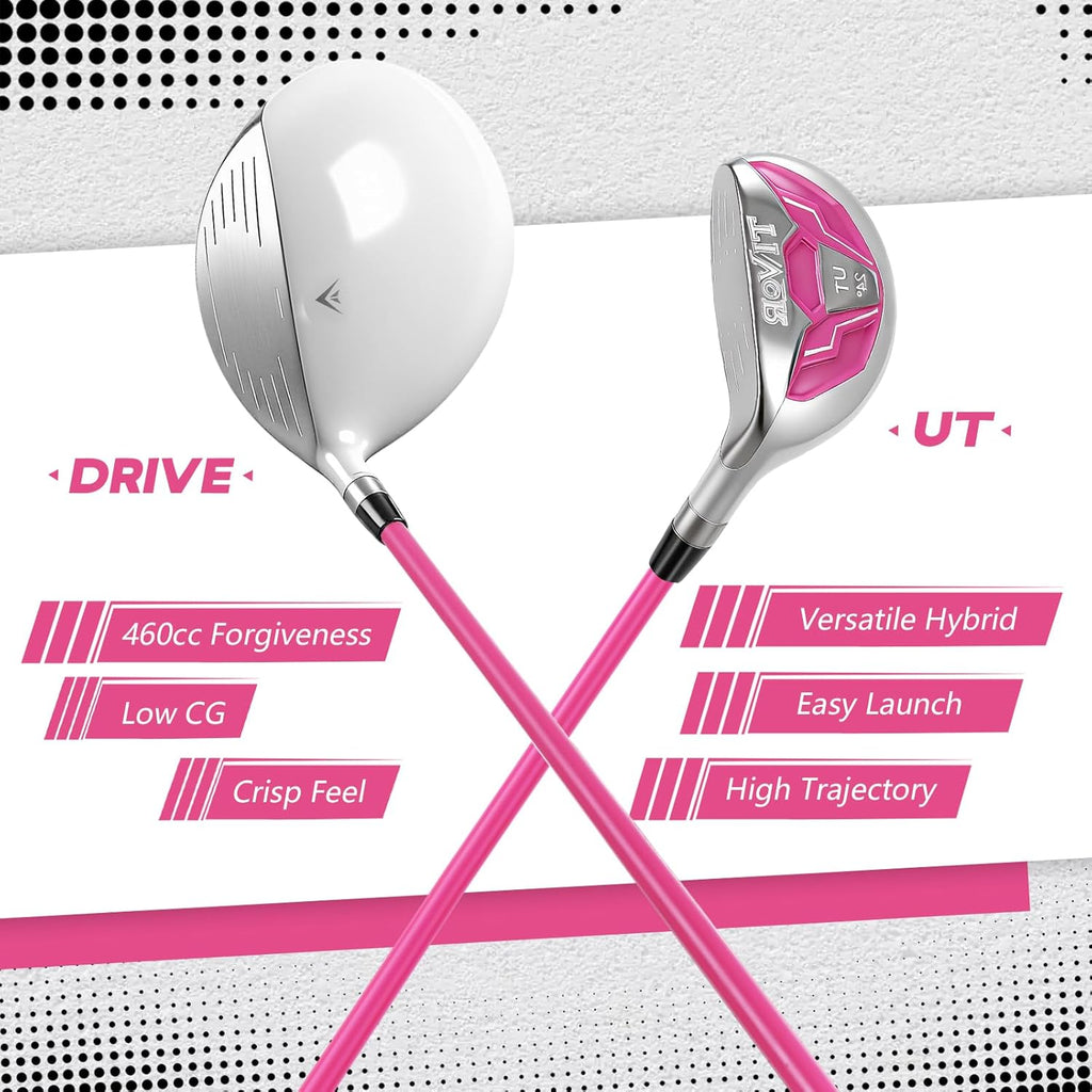 Golf Clubs Set 7-Piece Complete Set with Driver Hybrid 7 Iron 9 Iron Sand Wedge Putter Stand Bag for Women Men Right Left Handed - Beginner Golf Sets Pink Gray